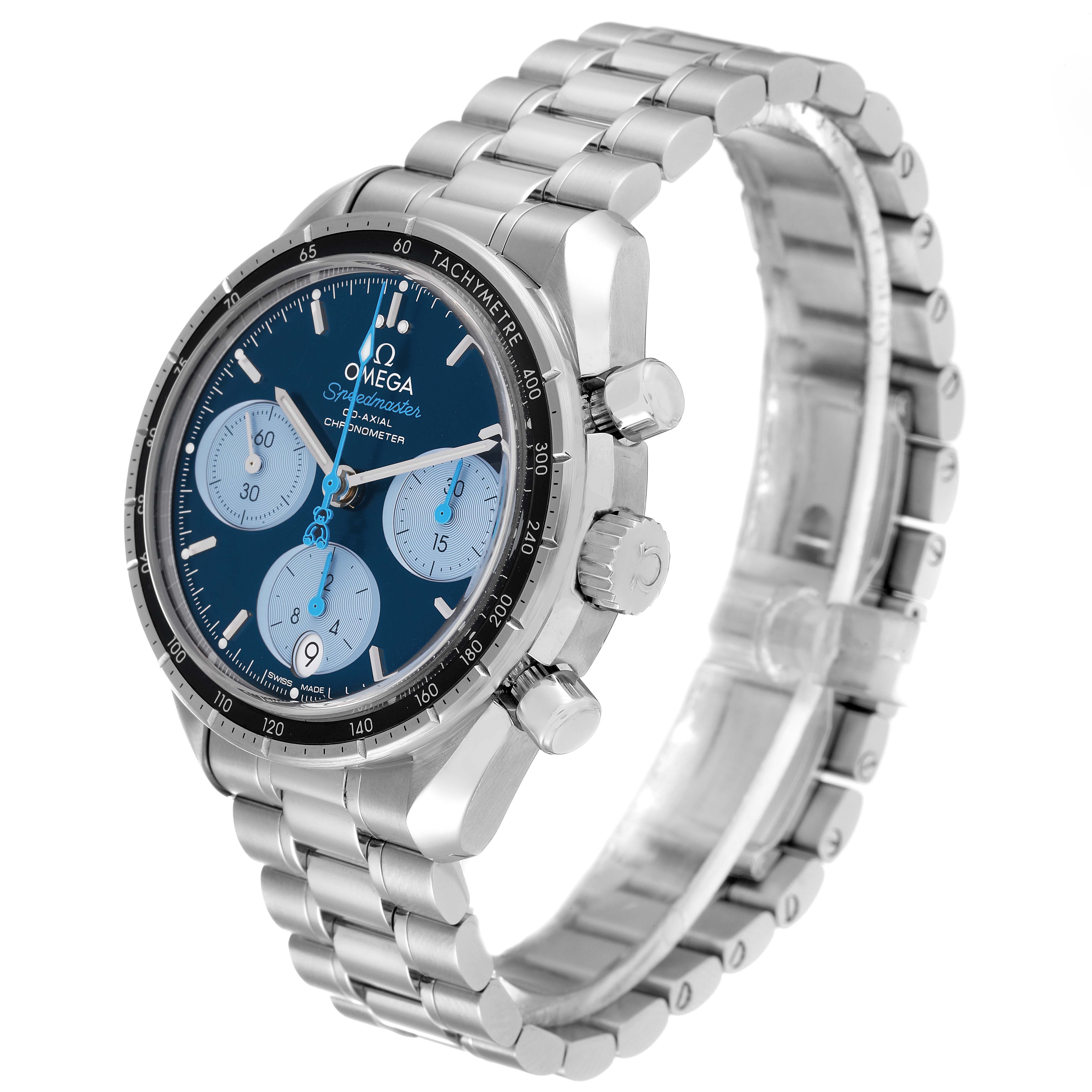 The image shows an Omega Speedmaster 324.30.38.50.03.002 Men
s Stainless Steel Blue Dial 324.30.38.50.03.002 Men
s Stainless Steel Blue Dial watch from a right-front angle, highlighting its bezel, dial, pushers, and bracelet.