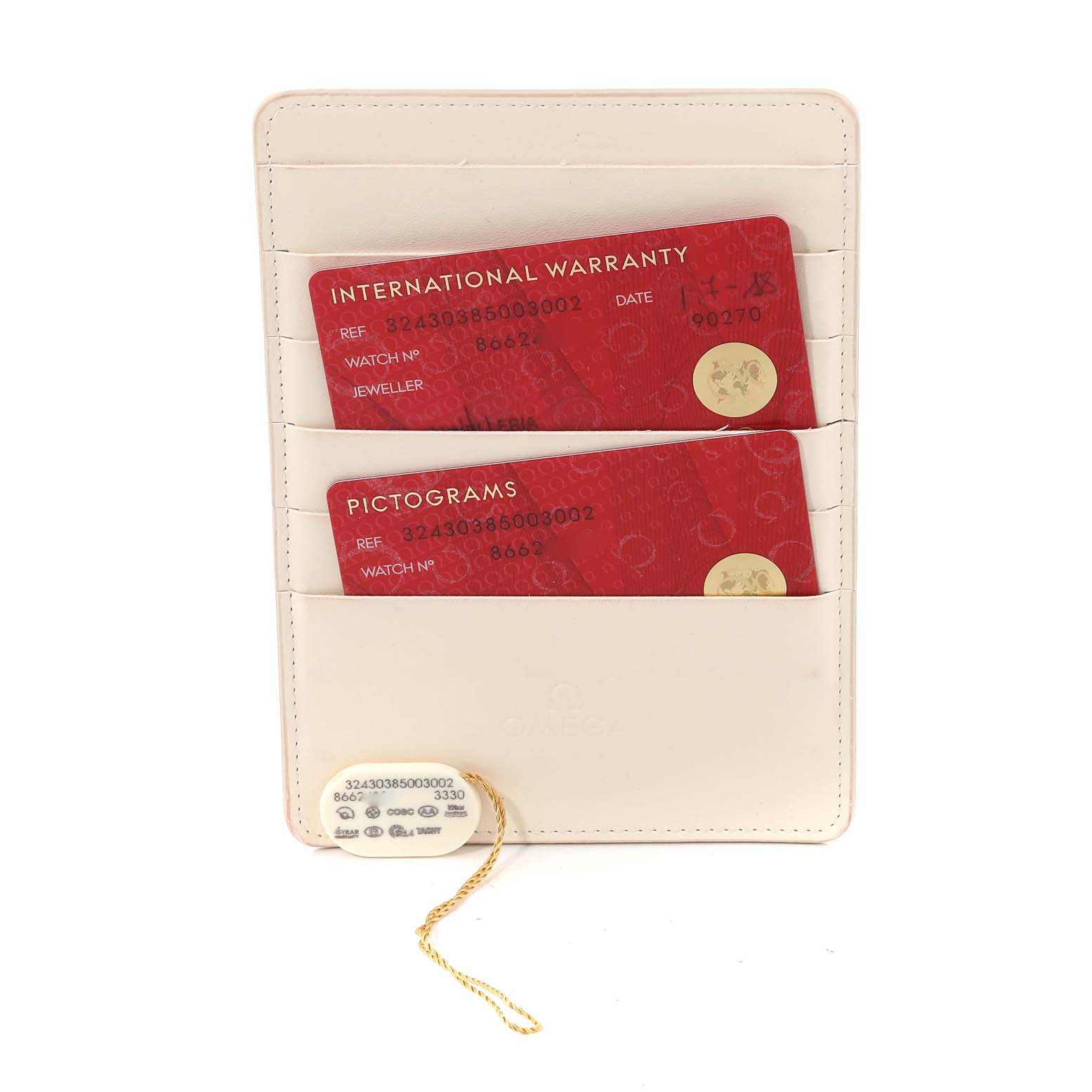 The image shows the documentation and tag for an Omega Speedmaster 324.30.38.50.03.002 Men
s Stainless Steel Blue Dial 324.30.38.50.03.002 Men
s Stainless Steel Blue Dial watch, including warranty and pictogram cards in a holder.