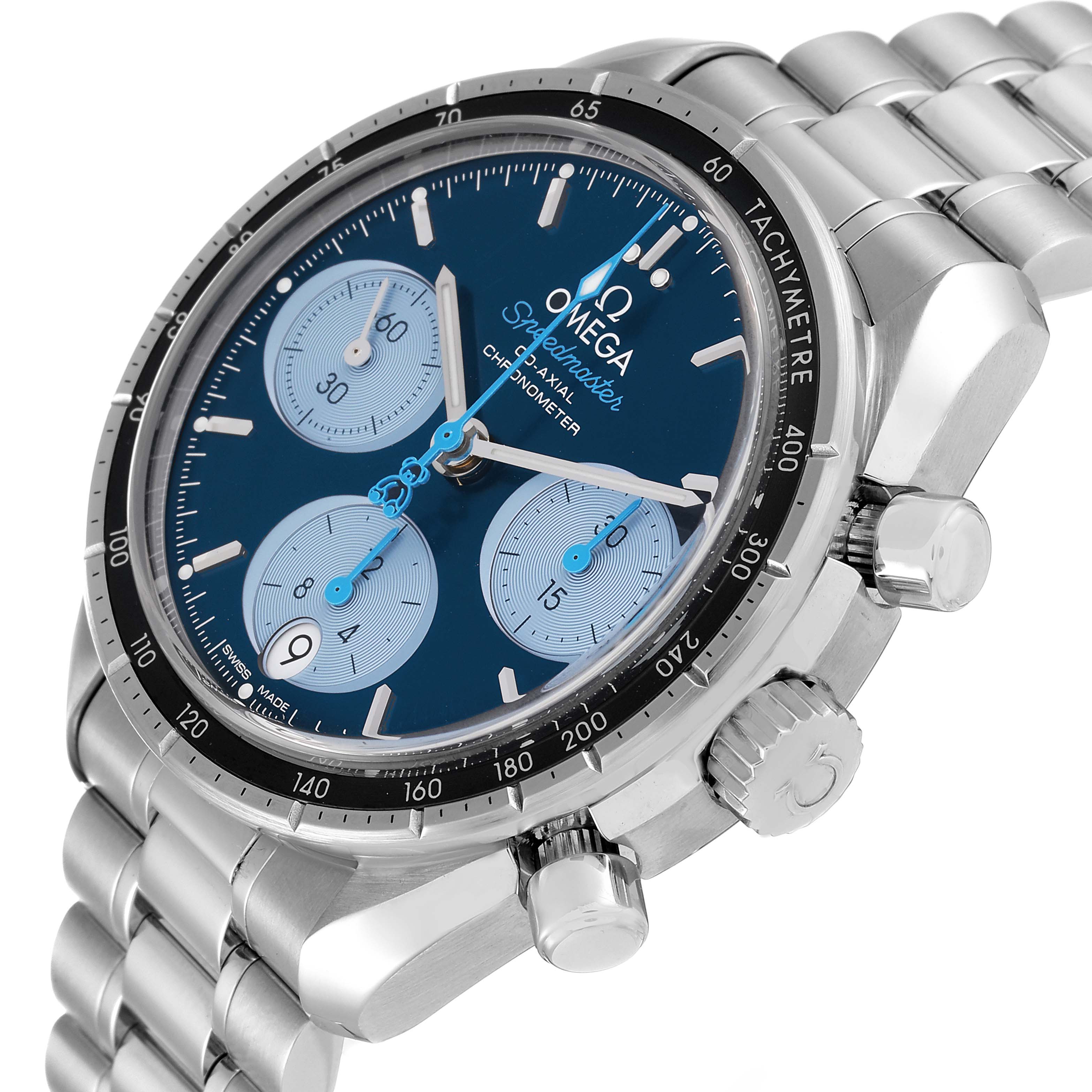 The Omega Speedmaster 324.30.38.50.03.002 Men
s Stainless Steel Blue Dial 324.30.38.50.03.002 Men
s Stainless Steel Blue Dial watch is shown at an angled side view, highlighting its dial, tachymeter, pushers, and bracelet.