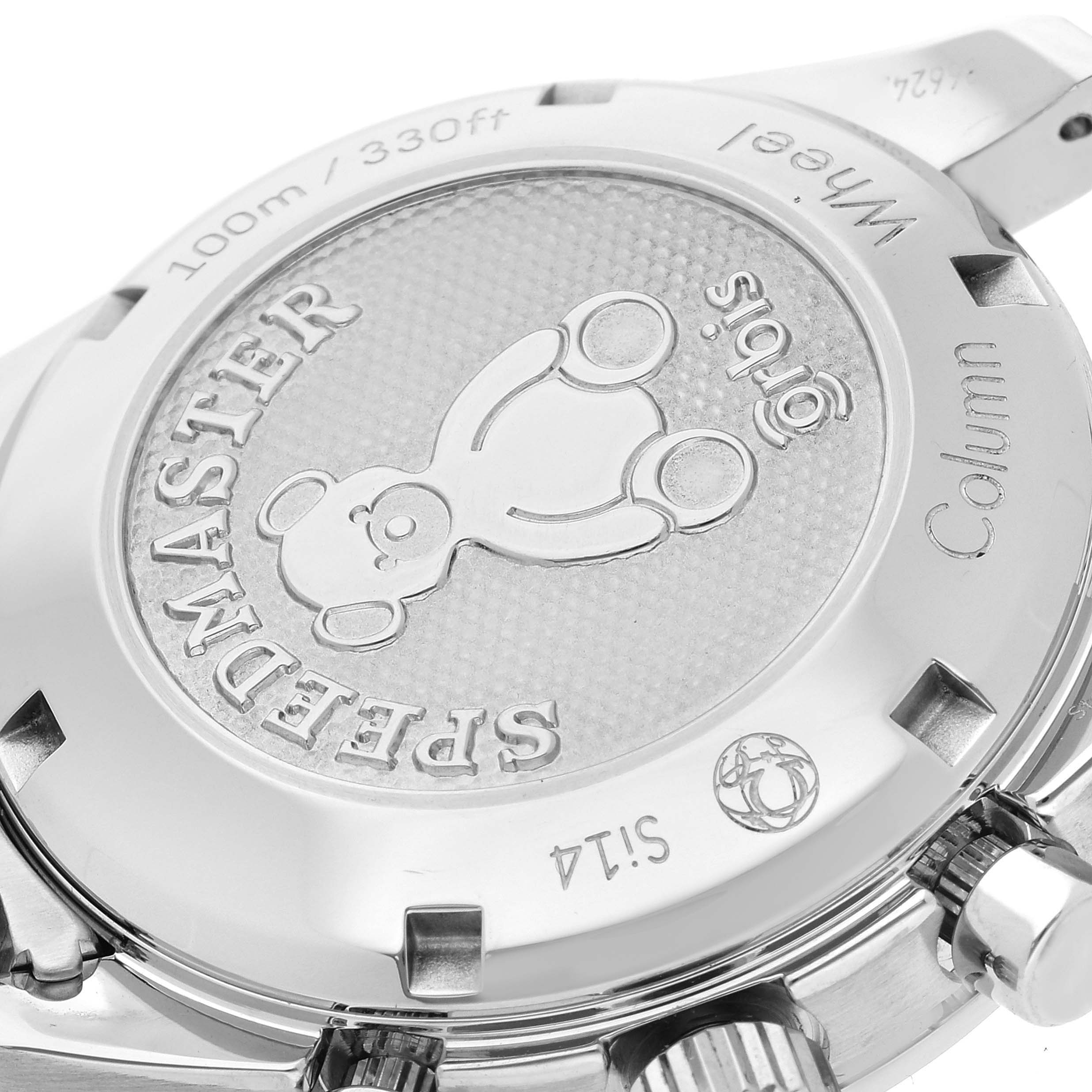The image shows the case back of an Omega Speedmaster 324.30.38.50.03.002 Men
s Stainless Steel Blue Dial 324.30.38.50.03.002 Men
s Stainless Steel Blue Dial watch, featuring an engraved bear and specifications.