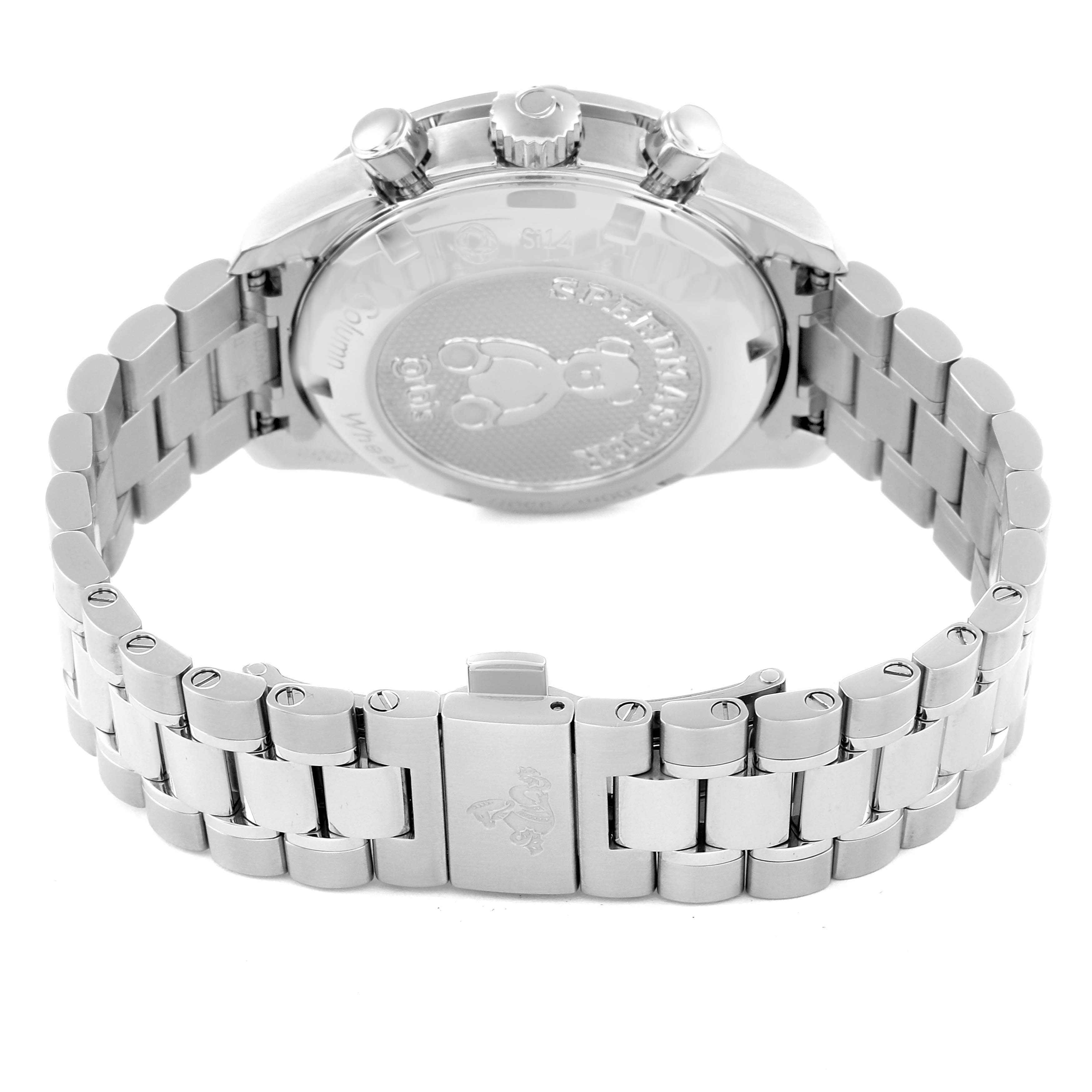 The image shows the back of an Omega Speedmaster 324.30.38.50.03.002 Men
s Stainless Steel Blue Dial 324.30.38.50.03.002 Men
s Stainless Steel Blue Dial watch, including the bracelet and clasp, with the case back and crown details visible.