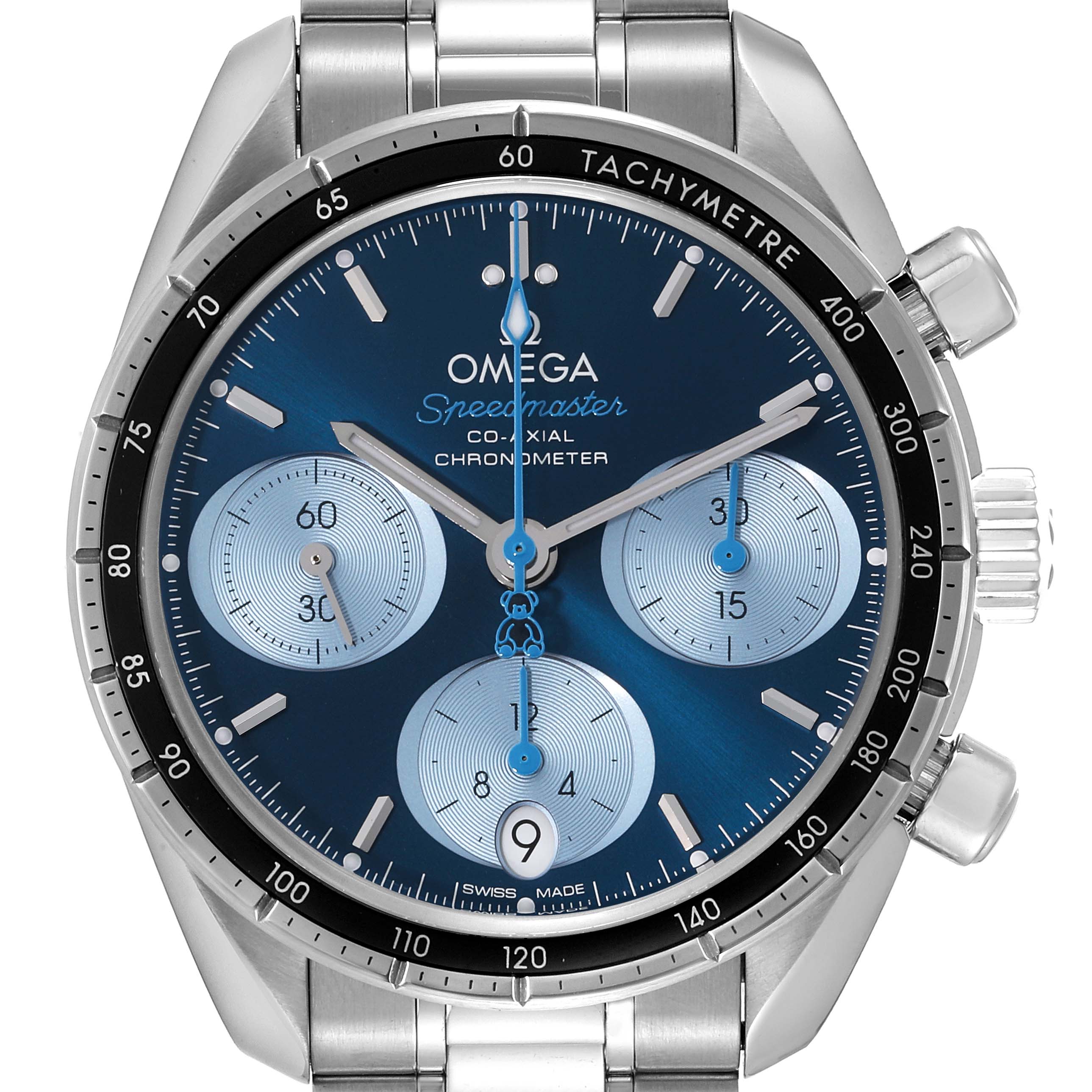 The image shows a frontal view of an Omega Speedmaster 324.30.38.50.03.002 Men
s Stainless Steel Blue Dial 324.30.38.50.03.002 Men
s Stainless Steel Blue Dial watch, highlighting its face, subdials, and tachymetre bezel.