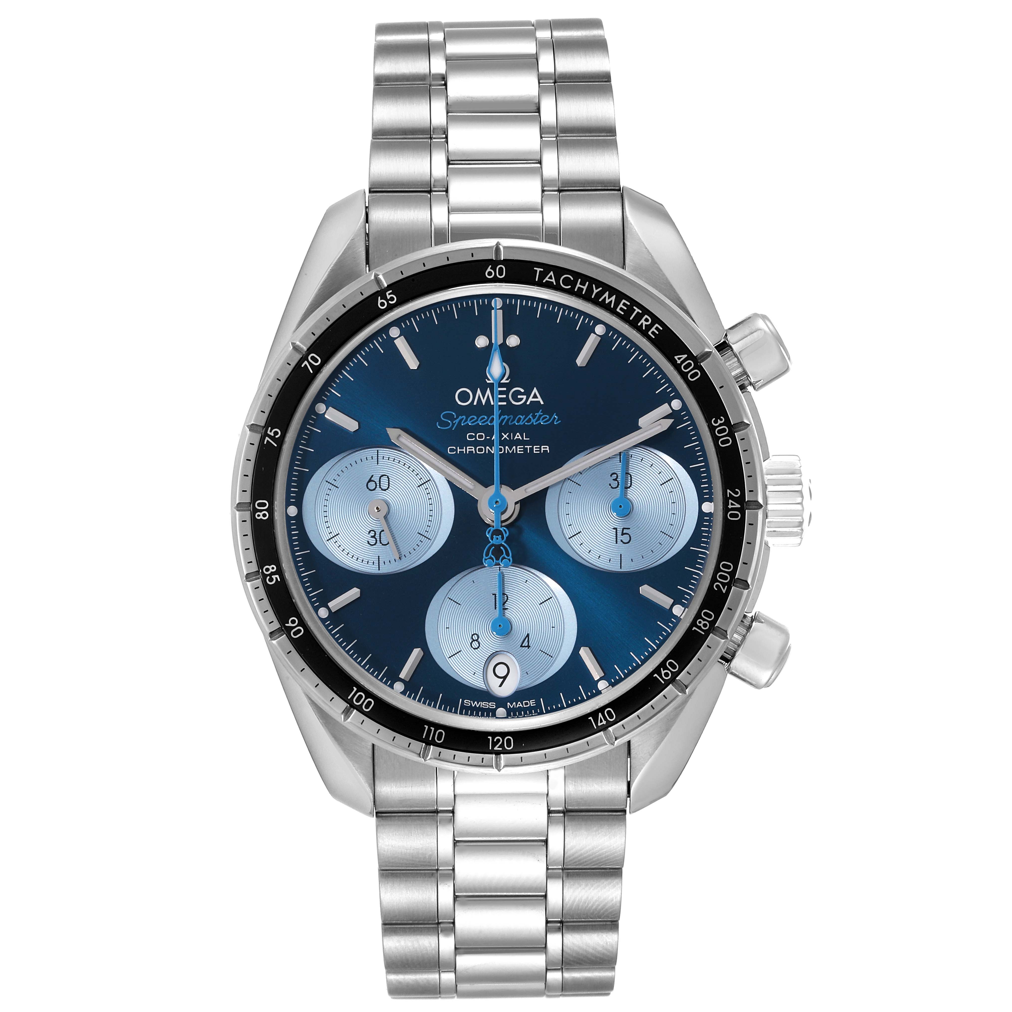 The image shows a front view of an Omega Speedmaster 324.30.38.50.03.002 Men
s Stainless Steel Blue Dial 324.30.38.50.03.002 Men
s Stainless Steel Blue Dial watch, displaying its round dial, tachymeter bezel, and metal bracelet.