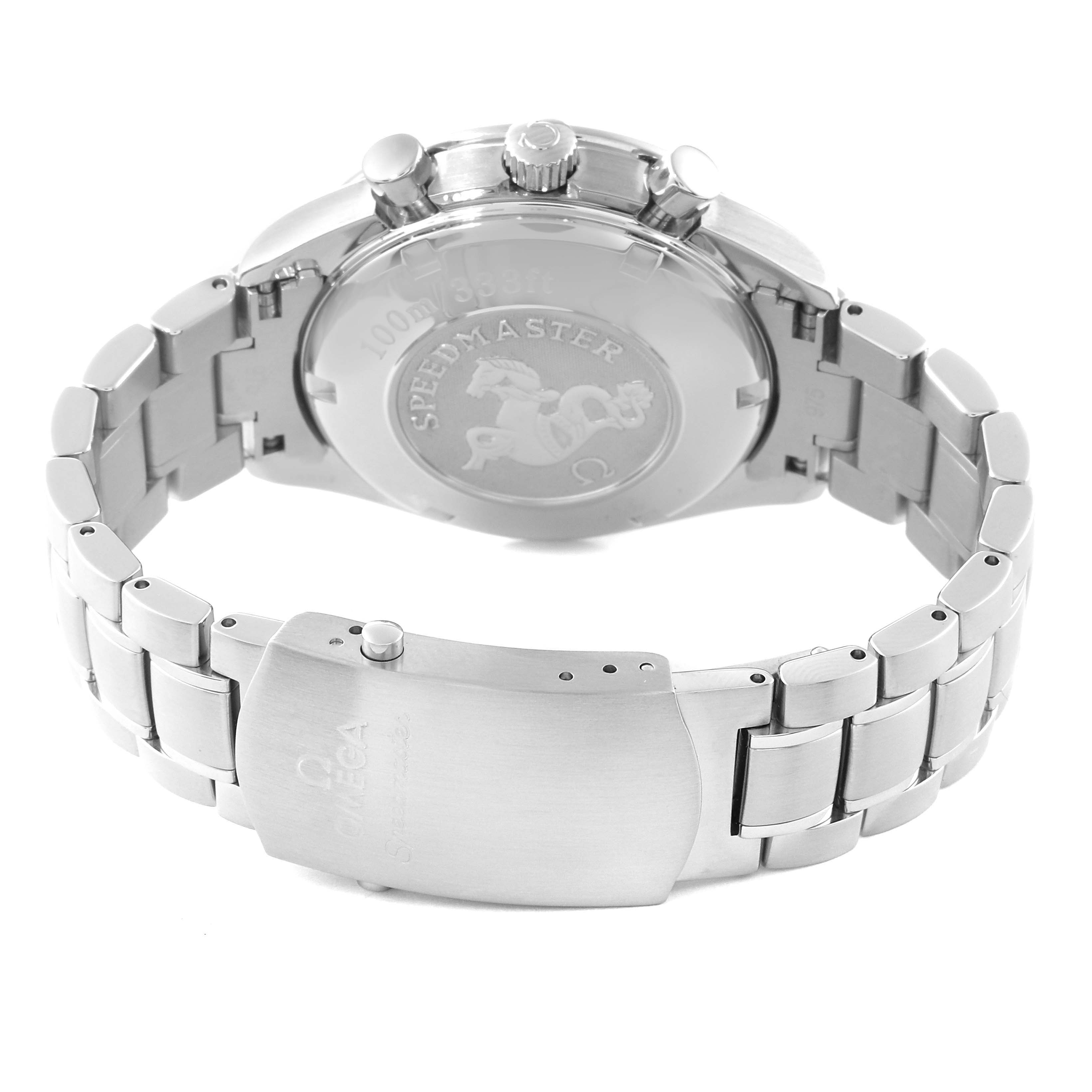 The image shows the back case and stainless steel bracelet of the Omega Speedmaster 3211.31.00 Men
s Stainless Steel Silver Dial 3211.31.00 Men
s Stainless Steel Silver Dial watch.