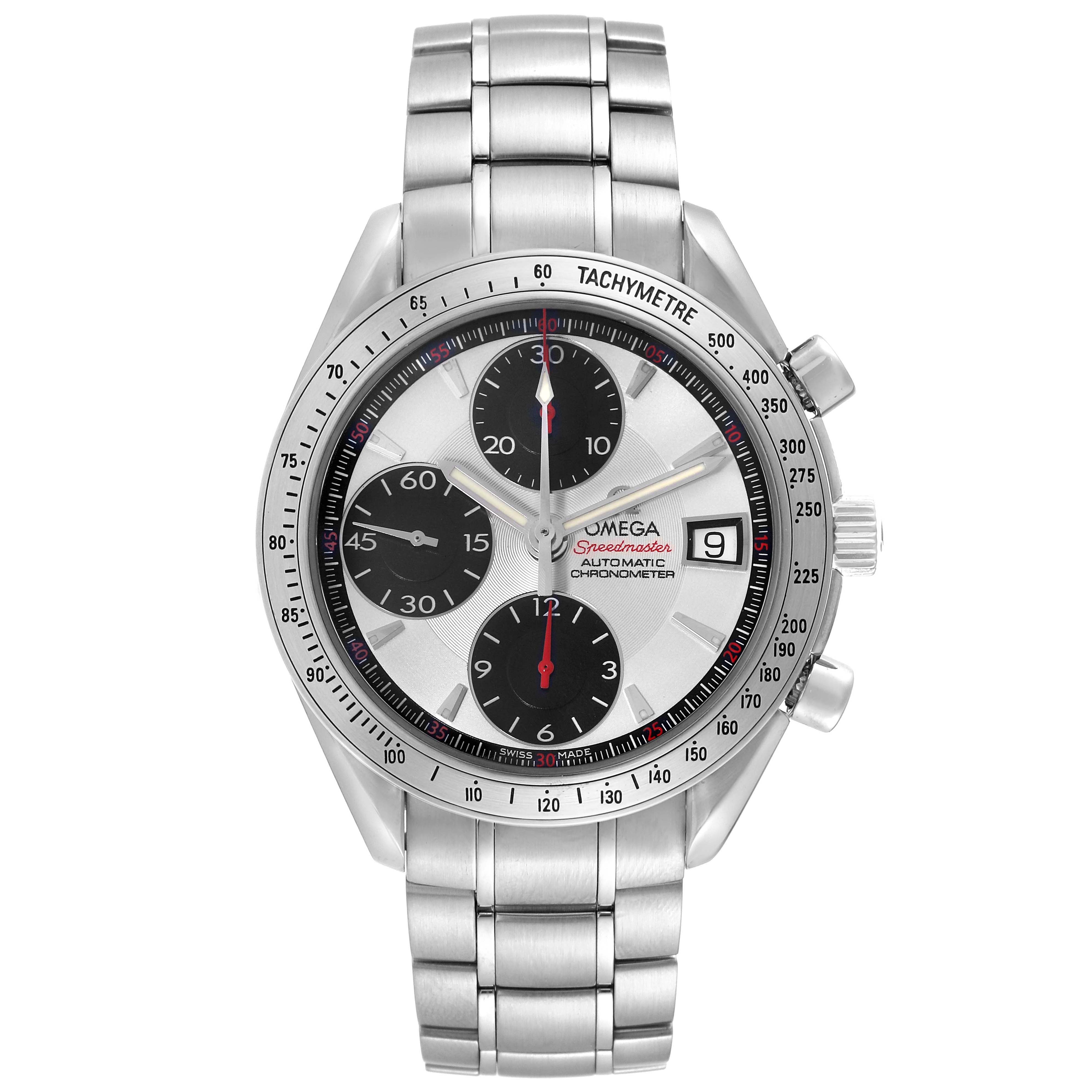 The Omega Speedmaster 3211.31.00 Men
s Stainless Steel Silver Dial 3211.31.00 Men
s Stainless Steel Silver Dial watch is shown from the front, displaying the dial, chronograph subdials, date window, and tachymeter bezel.