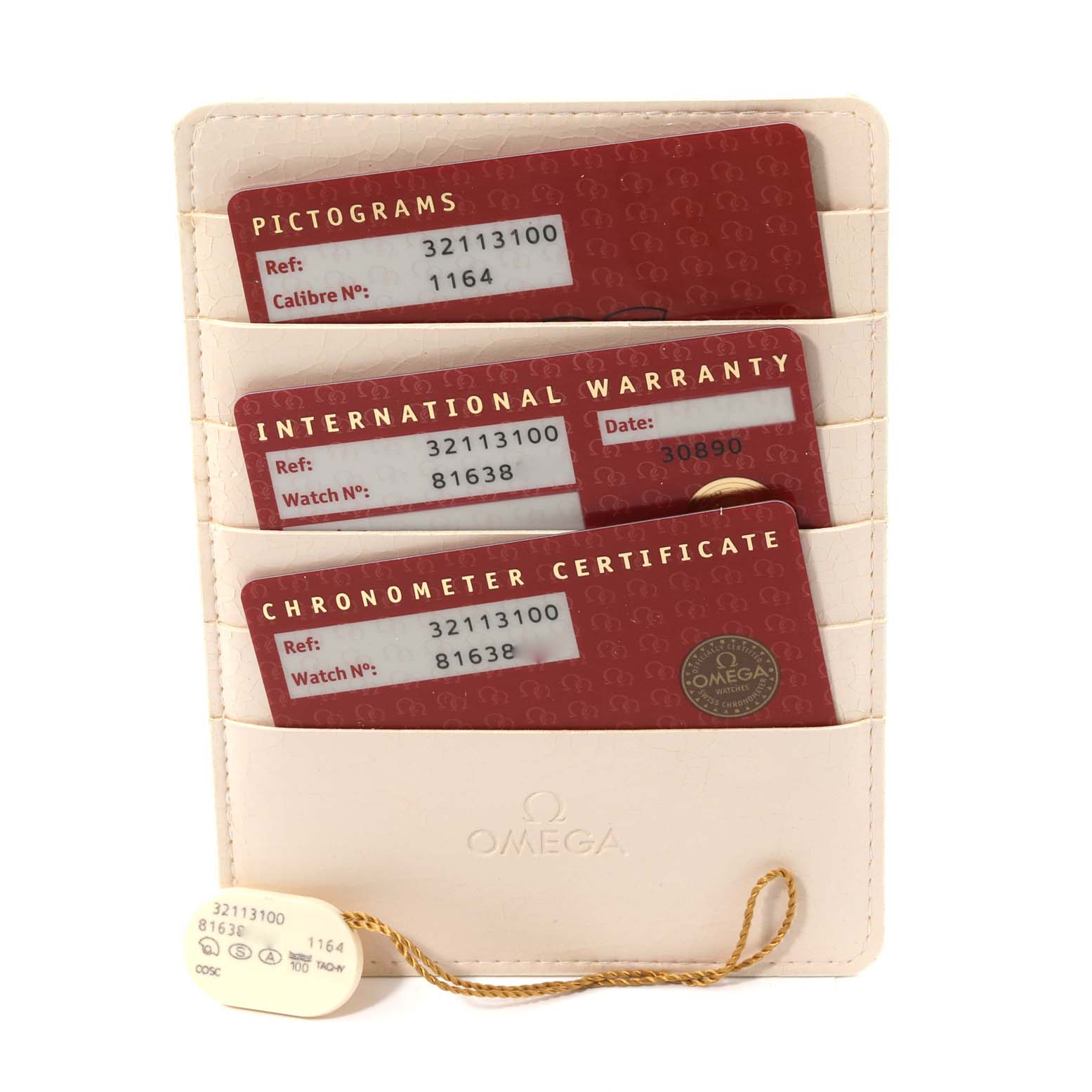 This image shows the warranty and certification cards holder for an Omega Speedmaster 3211.31.00 Men
s Stainless Steel Silver Dial 3211.31.00 Men
s Stainless Steel Silver Dial watch placed vertically.