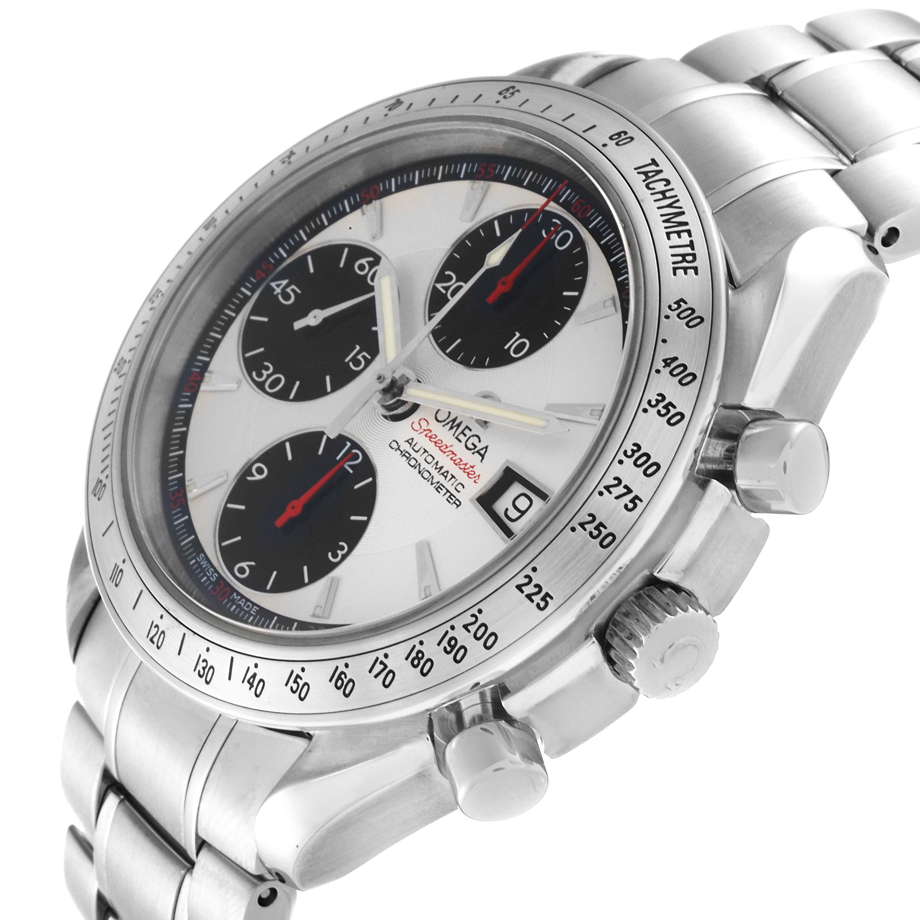 The Omega Speedmaster 3211.31.00 Men
s Stainless Steel Silver Dial 3211.31.00 Men
s Stainless Steel Silver Dial watch is shown at a slight angle highlighting its dial, subdials, date window, and metallic bracelet.