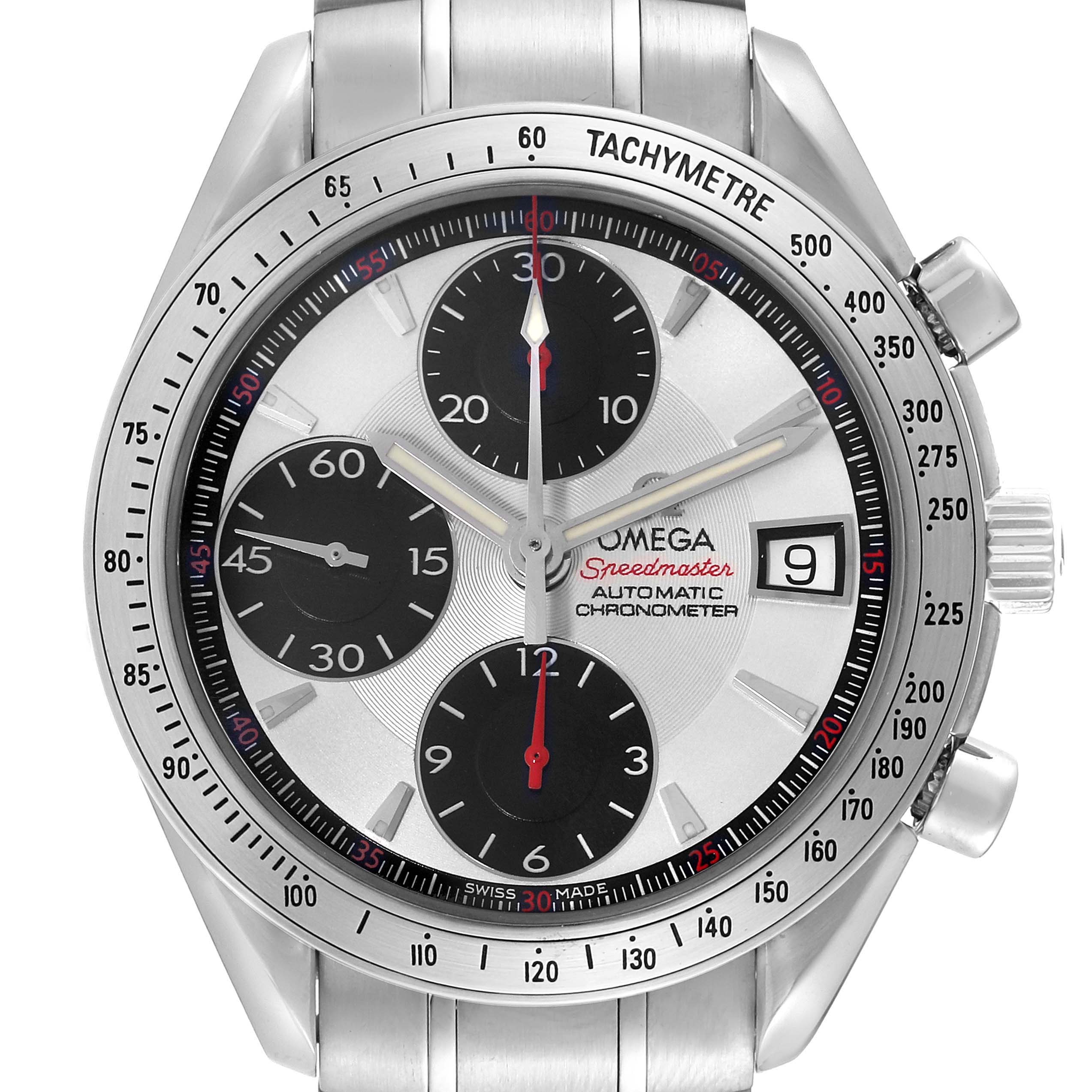 The image shows a front view of the watch face of the Omega Speedmaster 3211.31.00 Men
s Stainless Steel Silver Dial 3211.31.00 Men
s Stainless Steel Silver Dial, featuring its tachymeter, chronograph subdials, and date window.