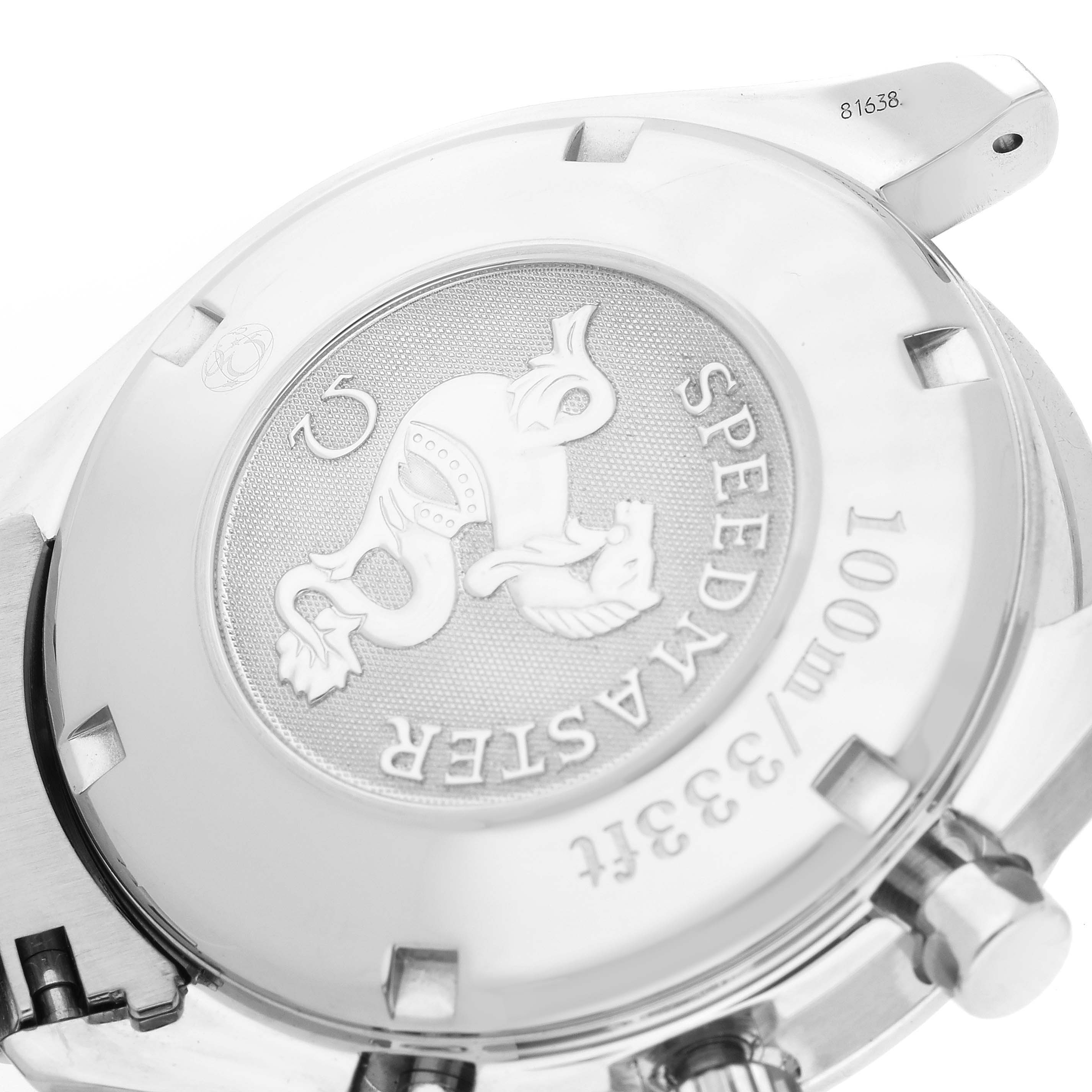 This image shows the back case of an Omega Speedmaster 3211.31.00 Men
s Stainless Steel Silver Dial 3211.31.00 Men
s Stainless Steel Silver Dial watch, highlighting the model name, water resistance, and an embossed logo.