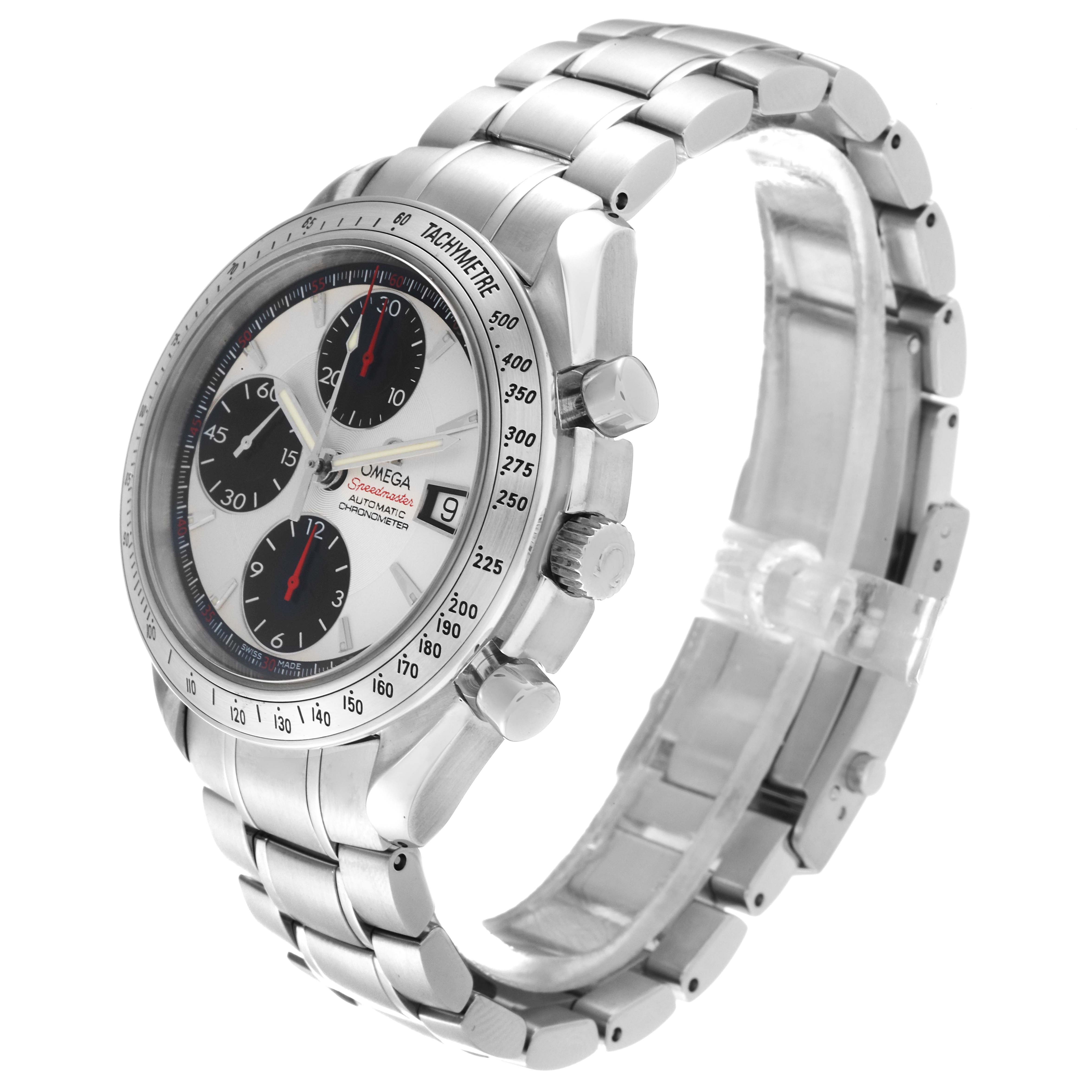 The Omega Speedmaster 3211.31.00 Men
s Stainless Steel Silver Dial 3211.31.00 Men
s Stainless Steel Silver Dial watch is shown at an angle highlighting the face, crown, and bracelet.