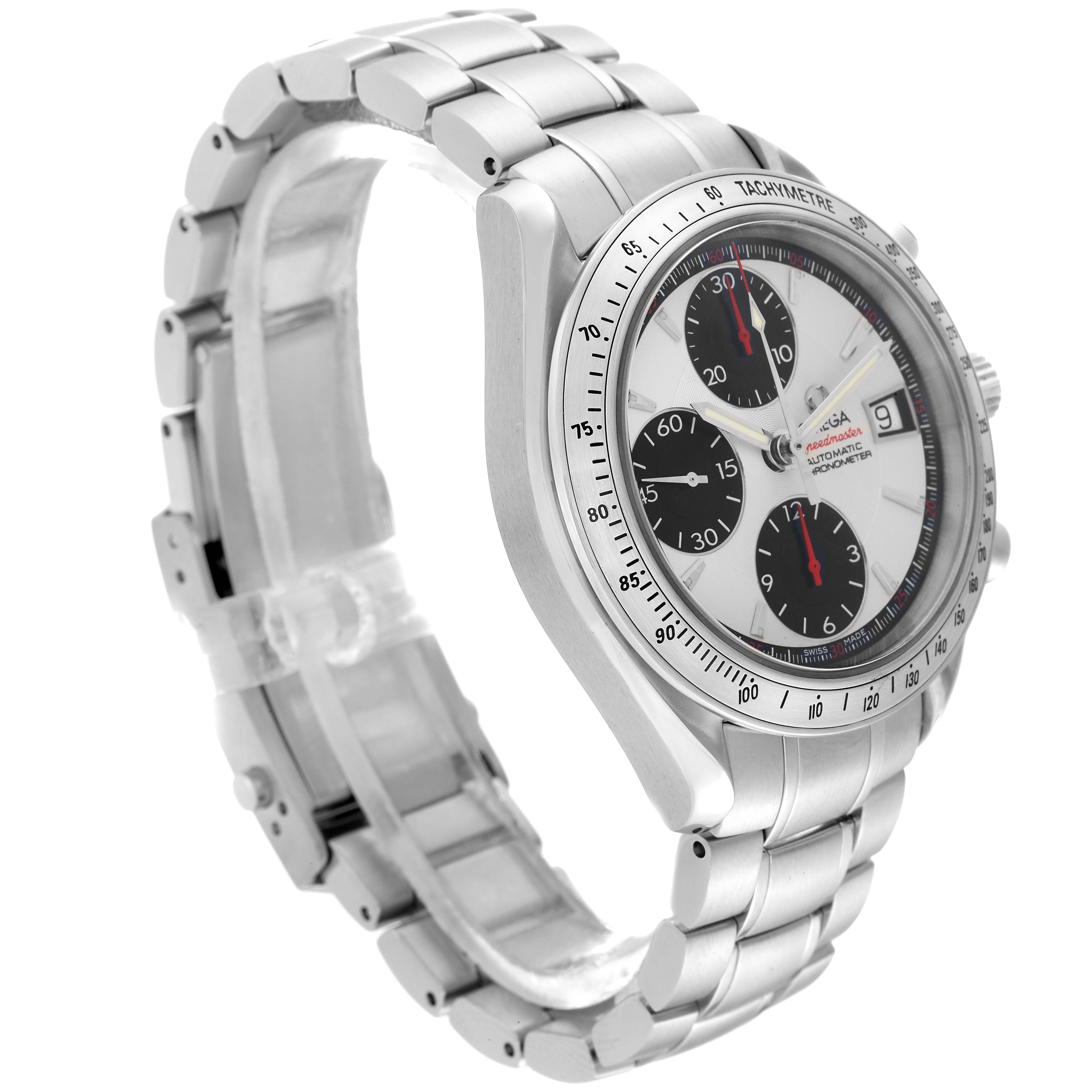 The image shows the Omega Speedmaster 3211.31.00 Men
s Stainless Steel Silver Dial 3211.31.00 Men
s Stainless Steel Silver Dial watch at a 3/4 angle, highlighting the bracelet, bezel, and chronograph dial.