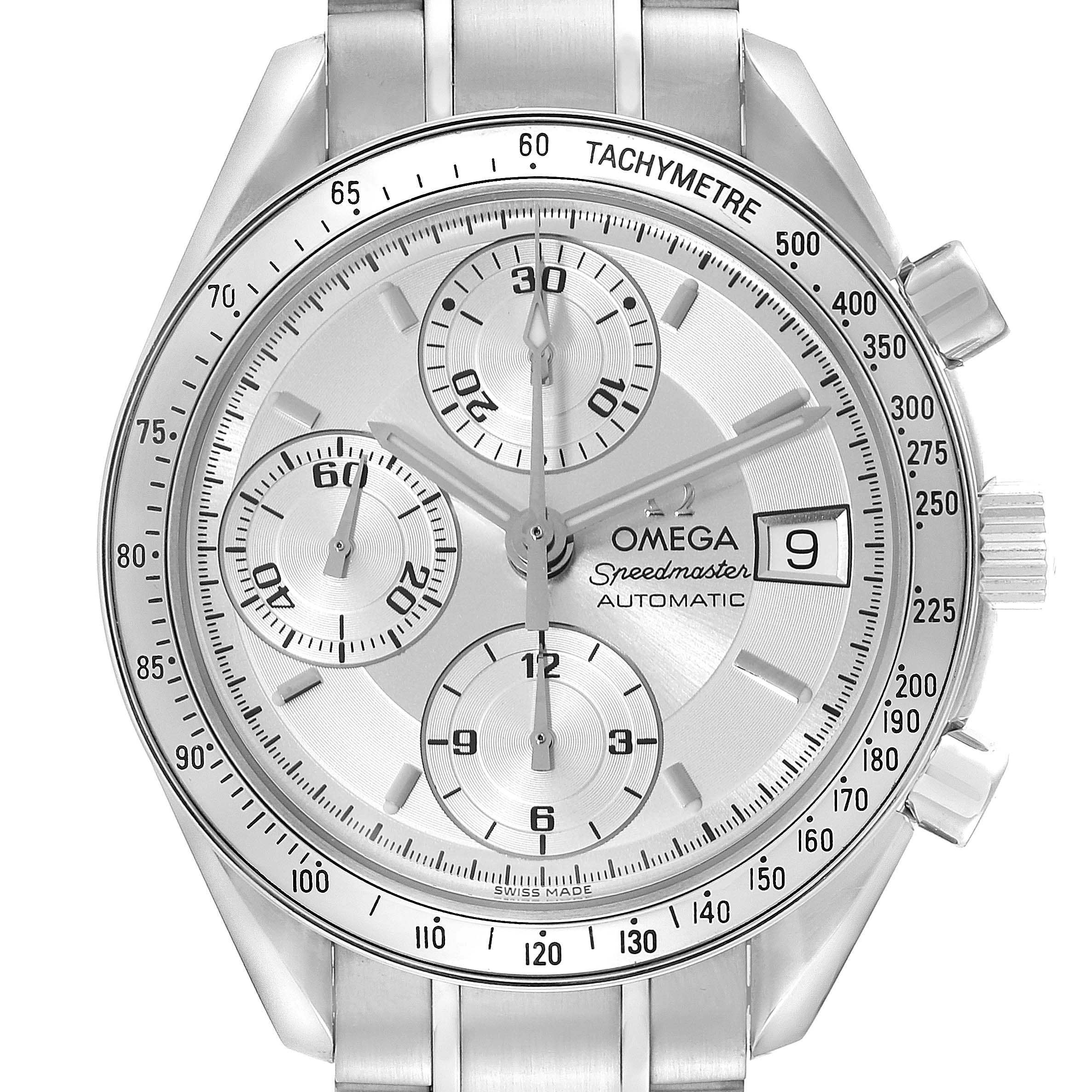This image shows a frontal view of an Omega Speedmaster 3513.30.00 Men
s Stainless Steel Silver Dial 3513.30.00 Men
s Stainless Steel Silver Dial watch, displaying its dial, subdials, tachymetre scale, and date window.