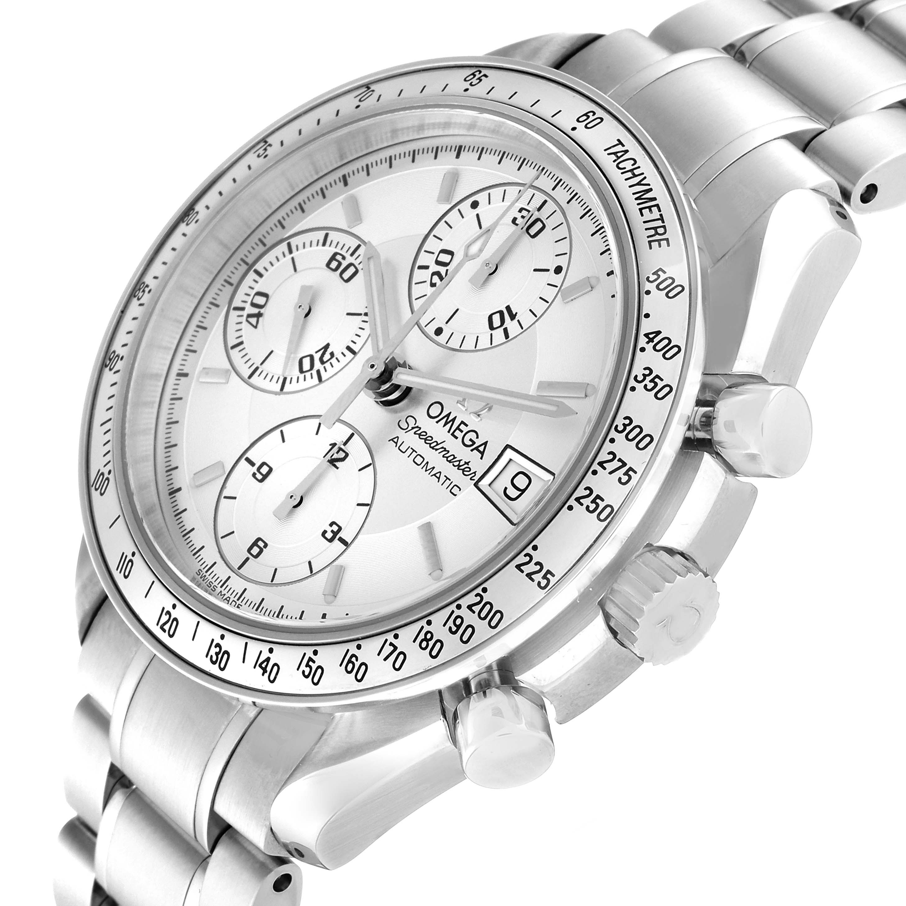 This image shows an angled view of the Omega Speedmaster 3513.30.00 Men
s Stainless Steel Silver Dial 3513.30.00 Men
s Stainless Steel Silver Dial watch face, bezel, crown, pushers, and part of the bracelet.