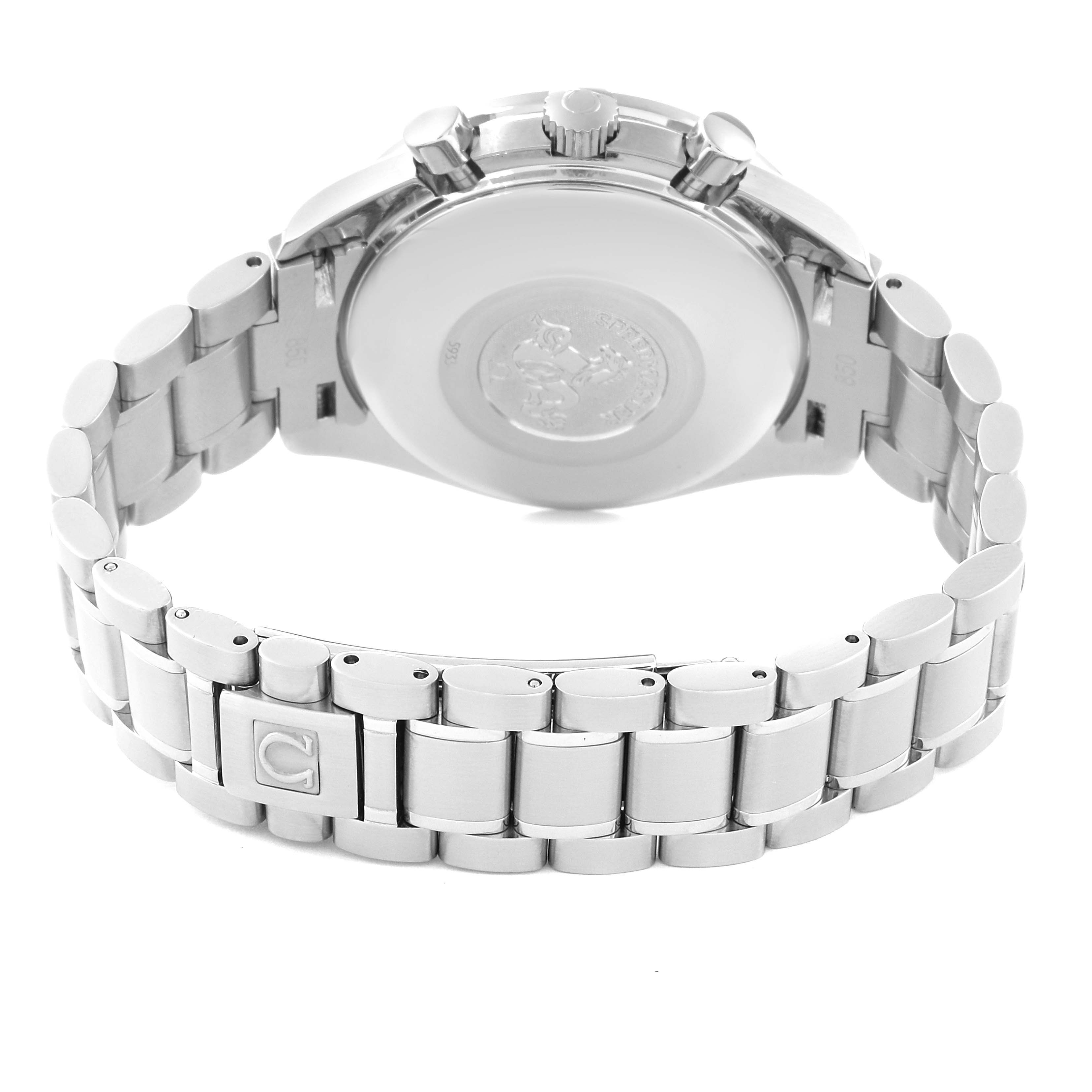 This image shows the back case and full bracelet of an Omega Speedmaster 3513.30.00 Men
s Stainless Steel Silver Dial 3513.30.00 Men
s Stainless Steel Silver Dial watch.