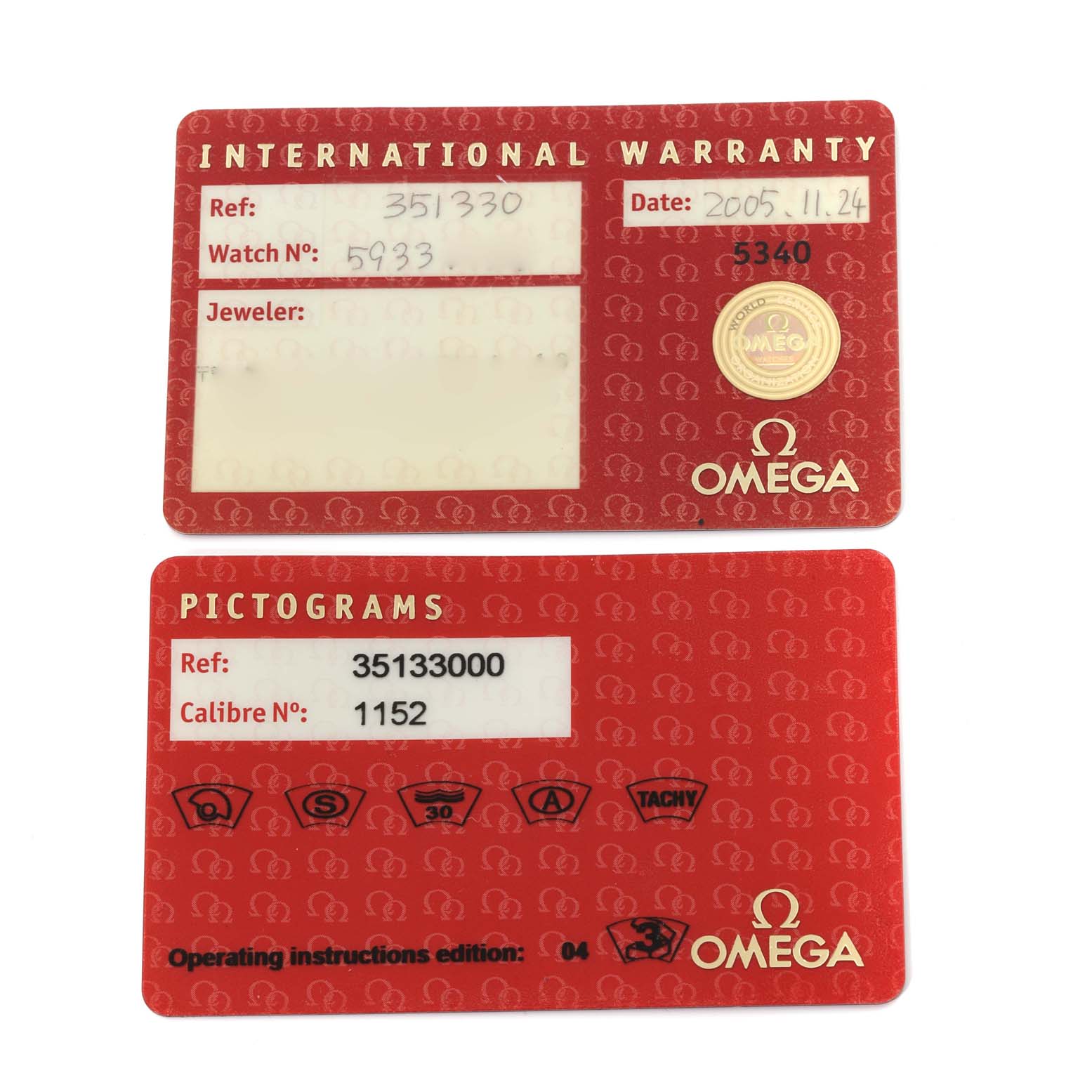 The image shows an Omega Speedmaster 3513.30.00 Men
s Stainless Steel Silver Dial 3513.30.00 Men
s Stainless Steel Silver Dial
s International Warranty and Pictograms cards, displaying reference, caliber, and watch numbers.