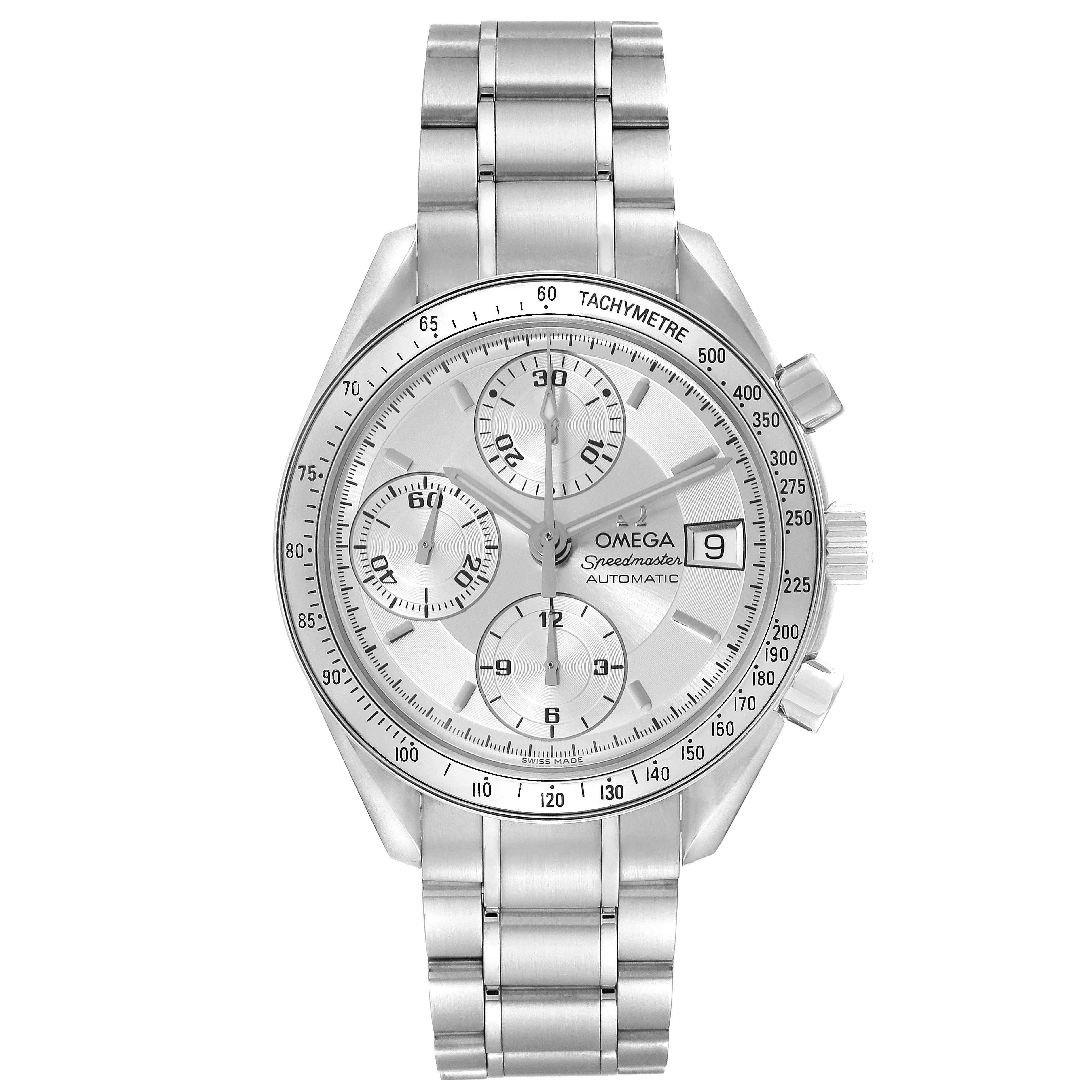 This image shows a frontal view of the Omega Speedmaster 3513.30.00 Men
s Stainless Steel Silver Dial 3513.30.00 Men
s Stainless Steel Silver Dial watch, displaying the face, subdials, bezel, and metal bracelet.