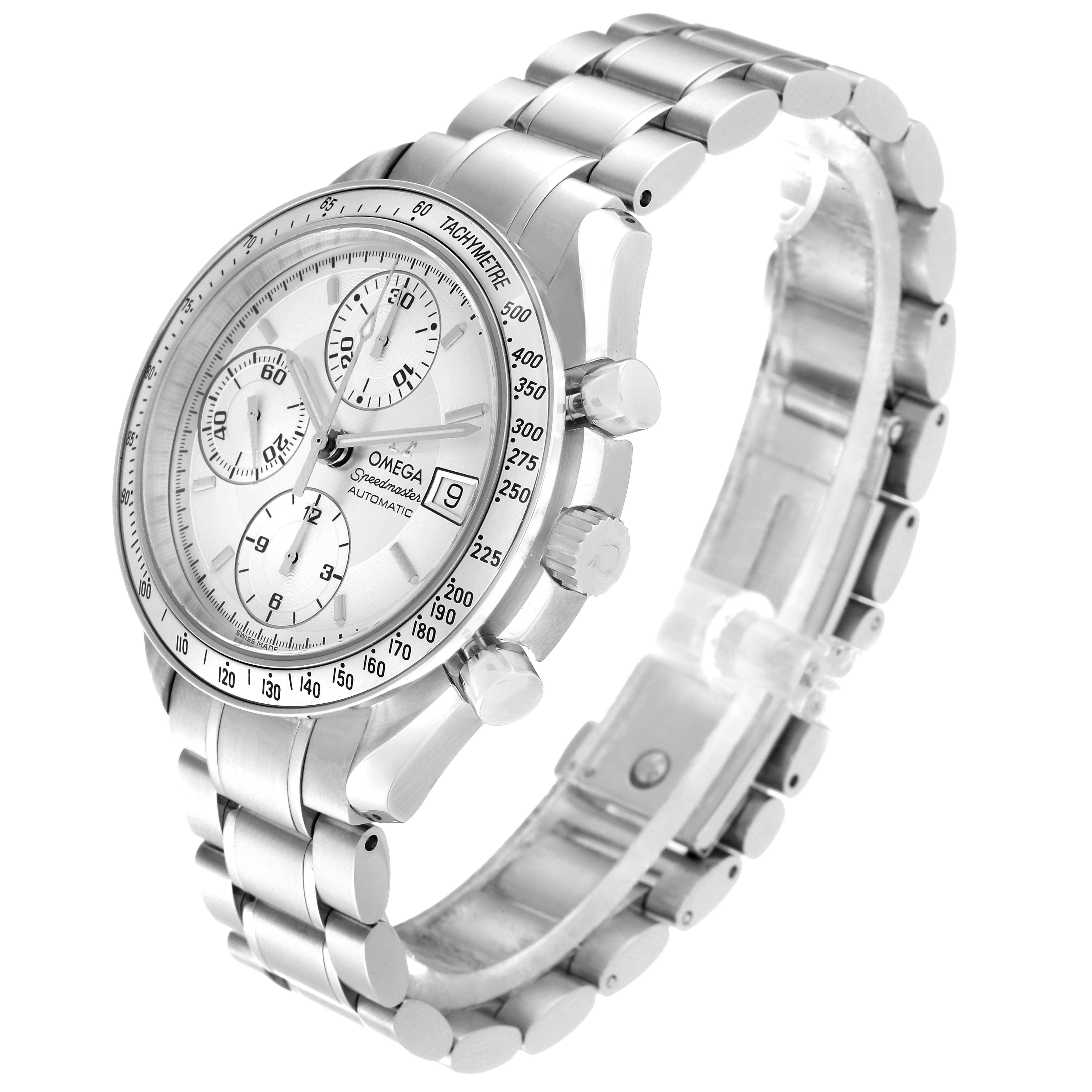 The image shows an angled view of an Omega Speedmaster 3513.30.00 Men
s Stainless Steel Silver Dial 3513.30.00 Men
s Stainless Steel Silver Dial watch, focusing on the dial, chronograph sub-dials, and metal bracelet.