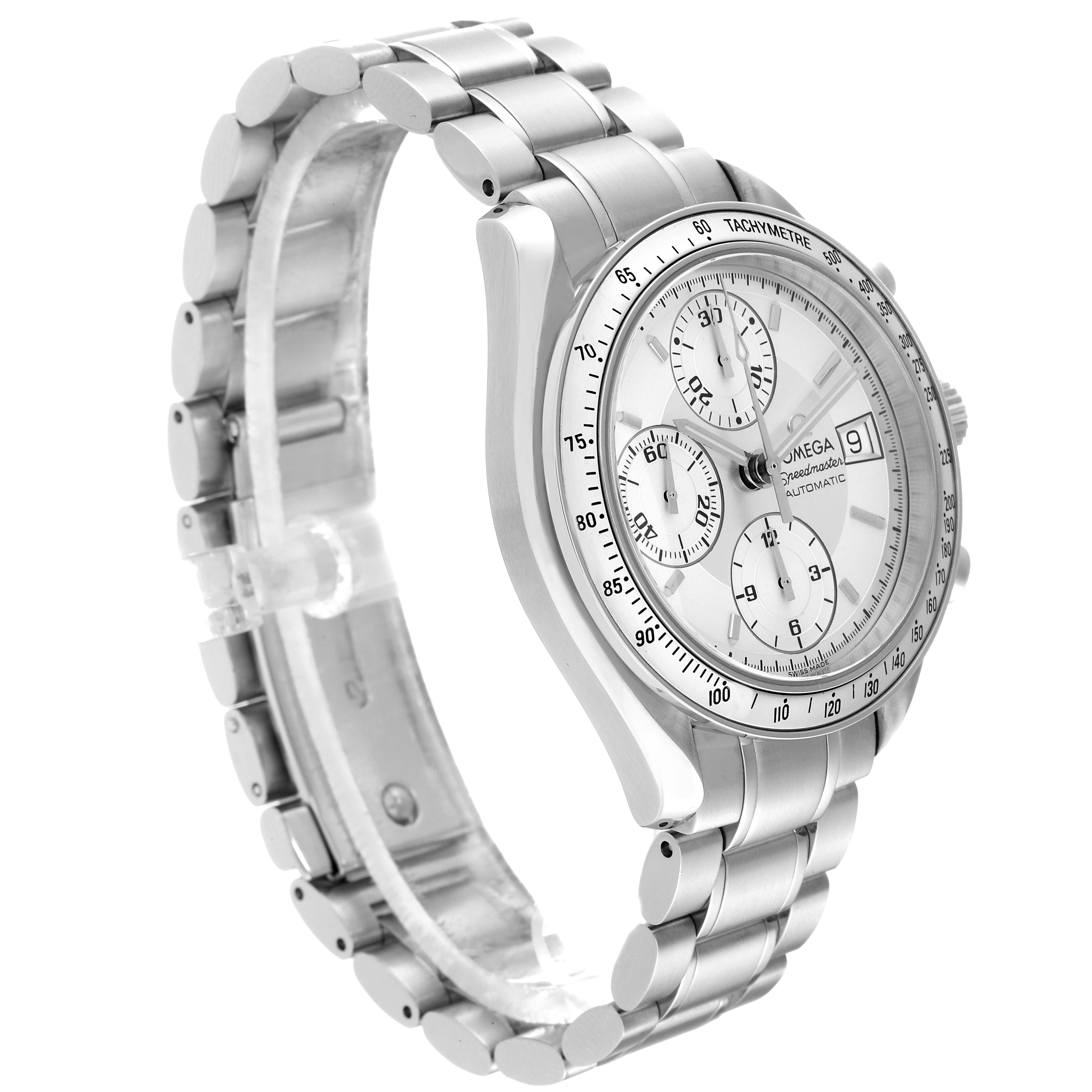 The Omega Speedmaster 3513.30.00 Men
s Stainless Steel Silver Dial 3513.30.00 Men
s Stainless Steel Silver Dial watch is displayed at an angled side view, showcasing its dial, case, and metal bracelet.