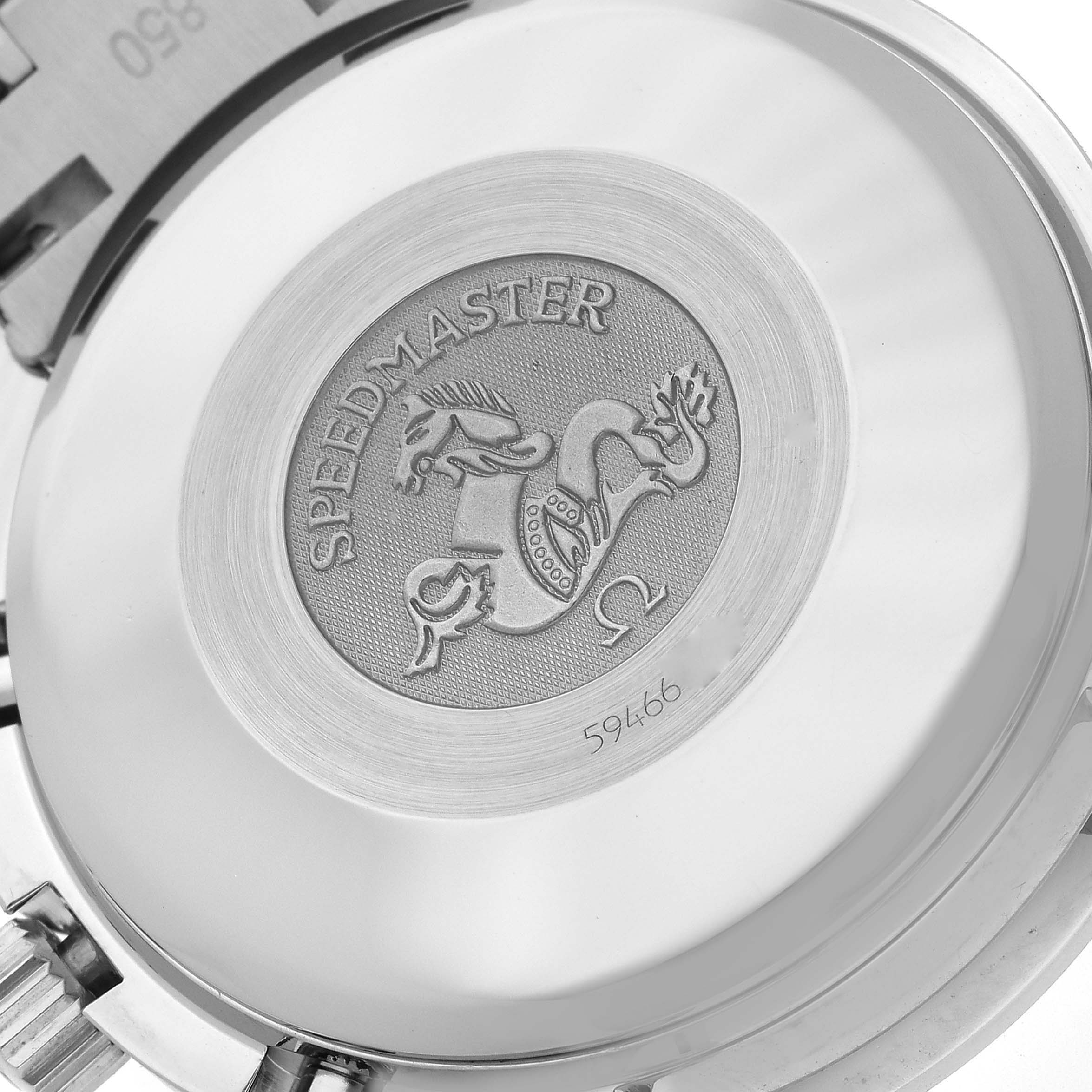 The image shows a close-up view of the case back of an Omega Speedmaster 3523.80.00 Men
s Stainless Steel Blue Dial 3523.80.00 Men
s Stainless Steel Blue Dial watch, featuring the brand logo and engraving.