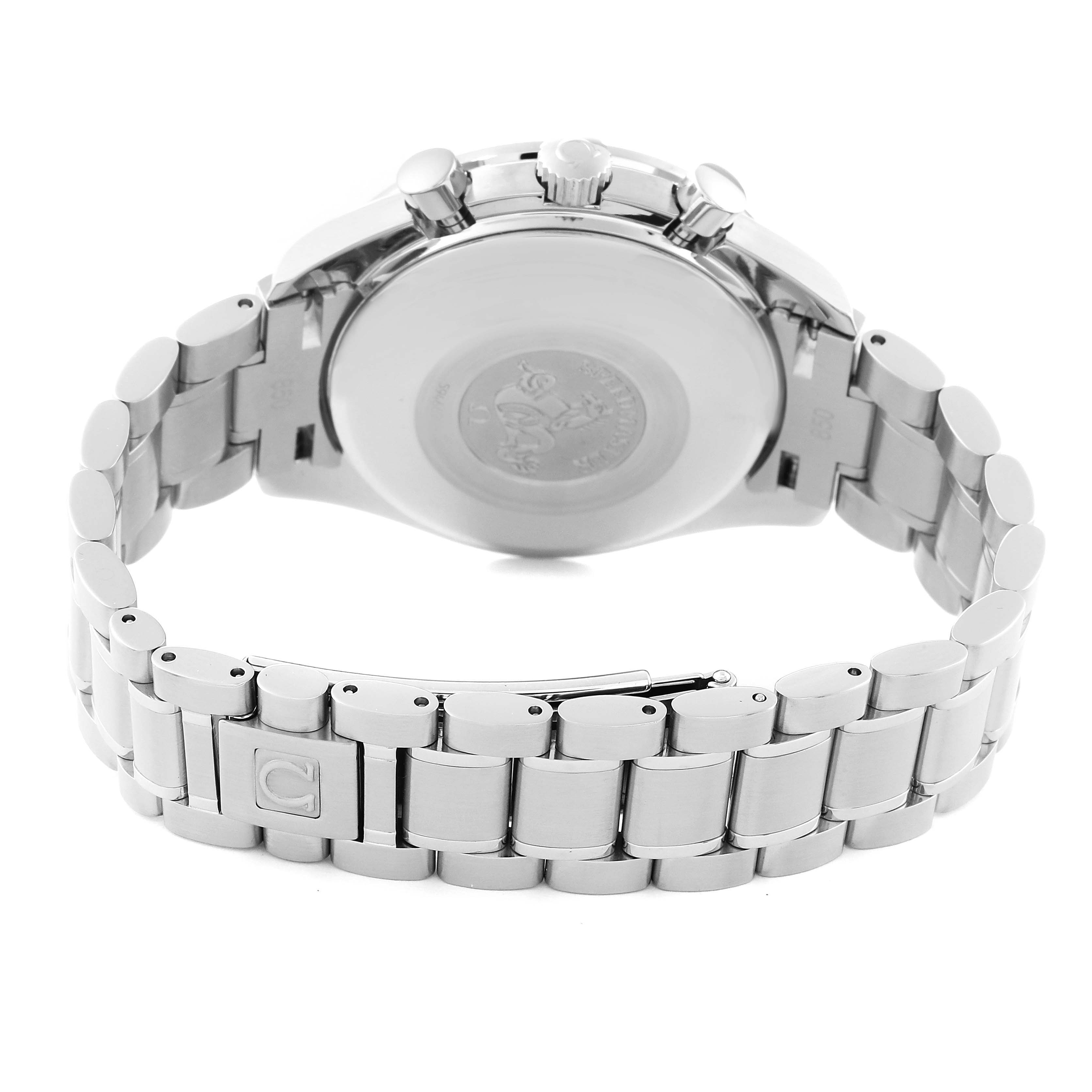 The image shows the back case and bracelet of the Omega Speedmaster 3523.80.00 Men
s Stainless Steel Blue Dial 3523.80.00 Men
s Stainless Steel Blue Dial watch, highlighting the clasp and caseback details.