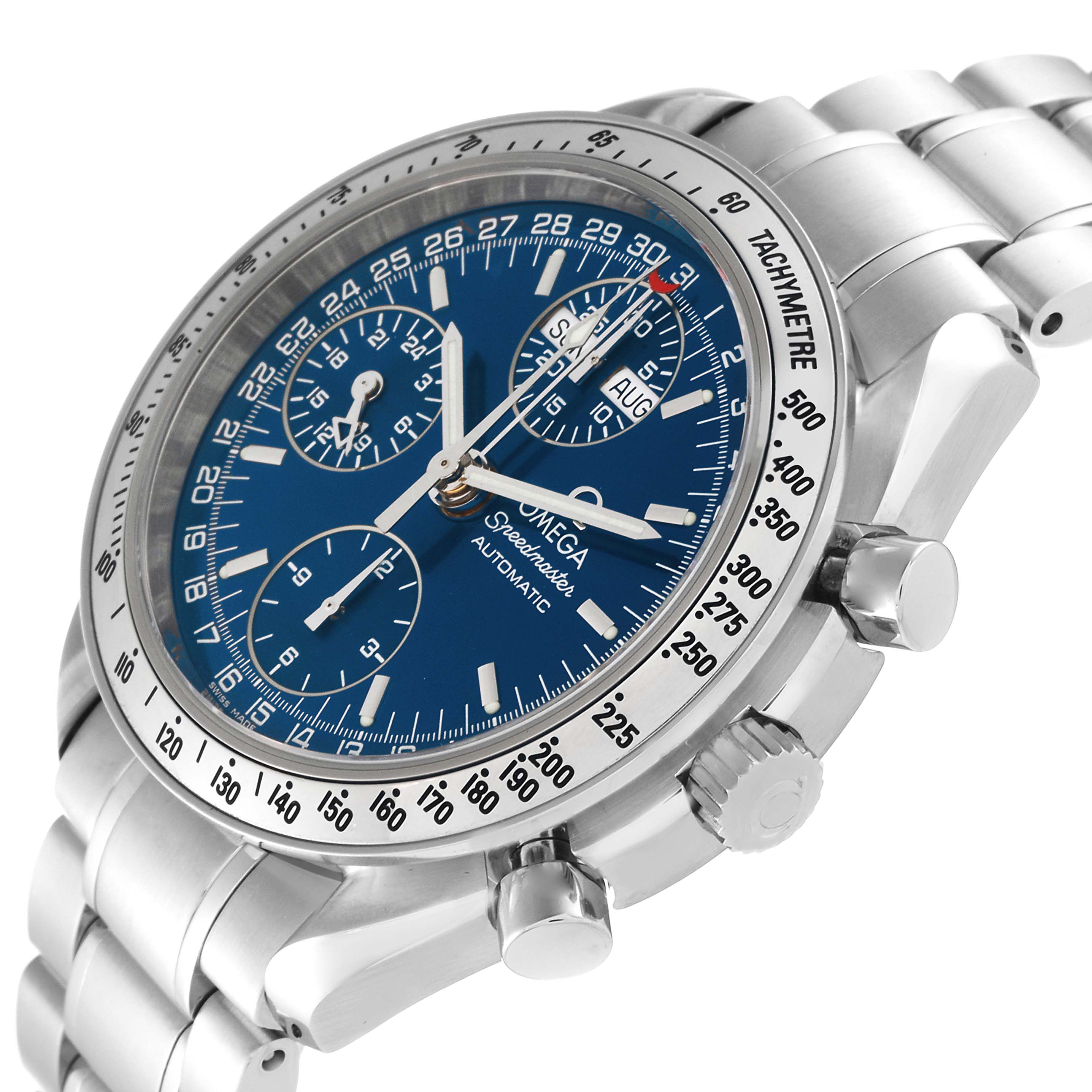The Omega Speedmaster 3523.80.00 Men
s Stainless Steel Blue Dial 3523.80.00 Men
s Stainless Steel Blue Dial is shown at a three-quarter angle featuring its blue dial, chronograph subdials, and stainless steel band.
