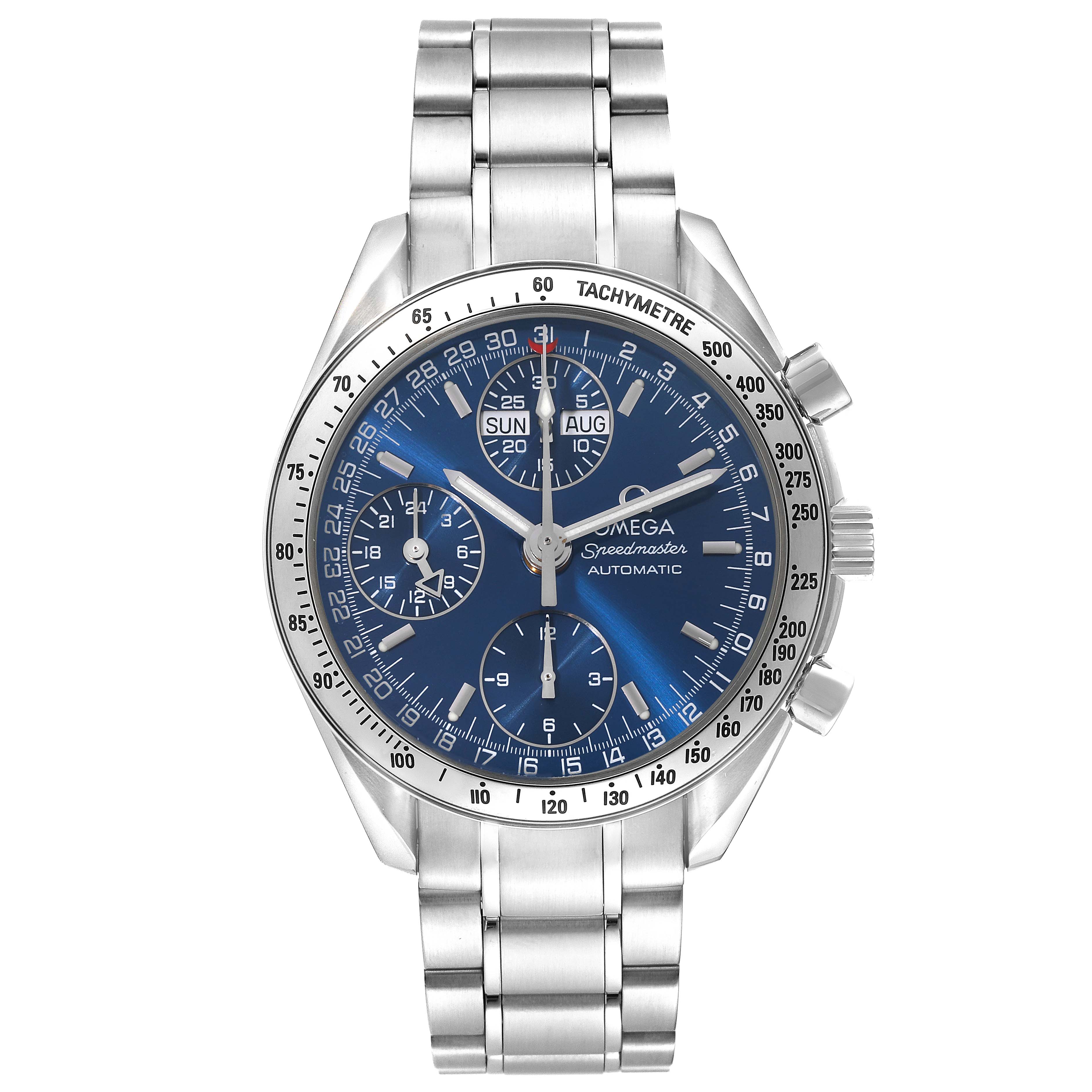 The Omega Speedmaster 3523.80.00 Men
s Stainless Steel Blue Dial 3523.80.00 Men
s Stainless Steel Blue Dial watch is shown from the front, displaying the blue dial, chronograph subdials, and stainless steel bracelet.
