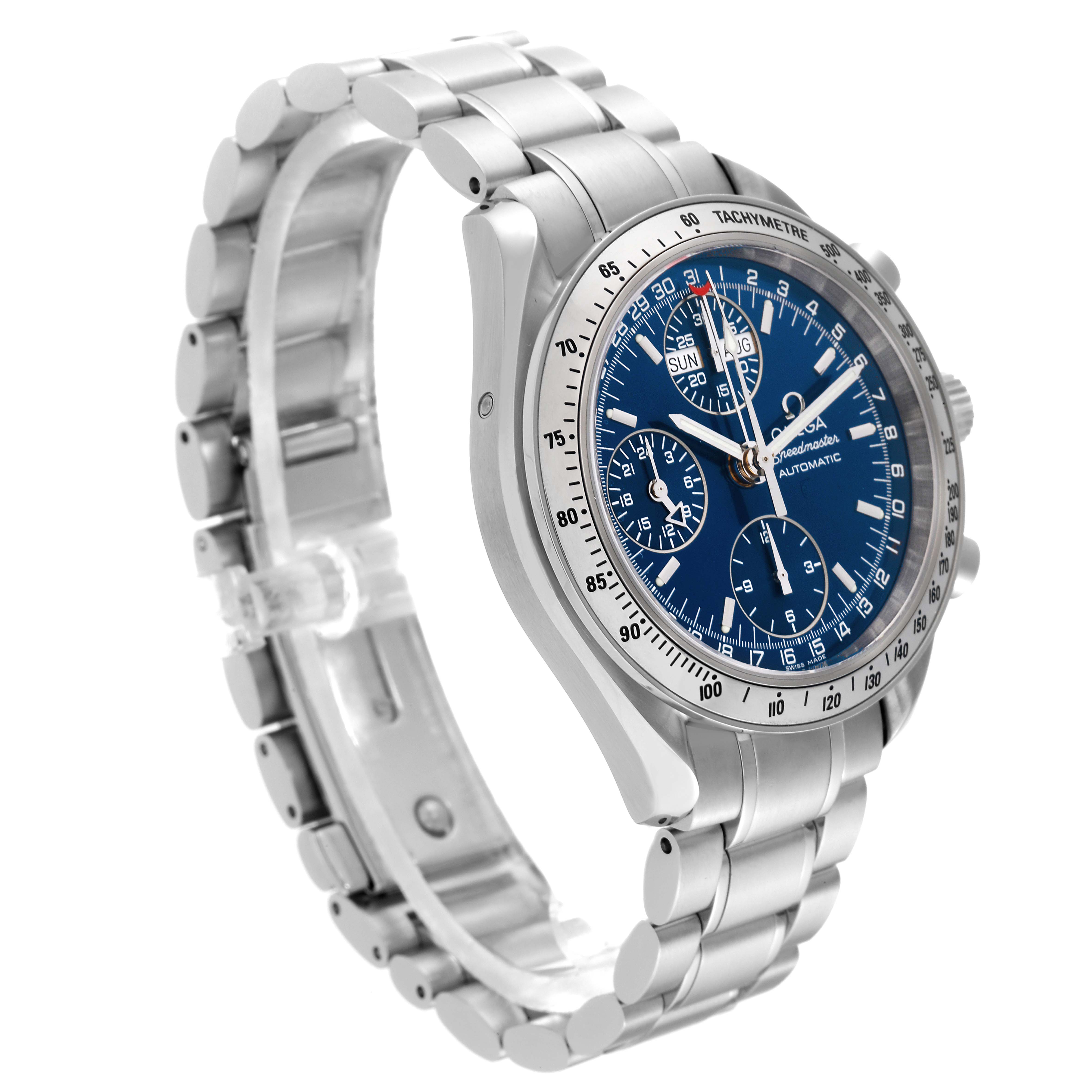 This Omega Speedmaster 3523.80.00 Men
s Stainless Steel Blue Dial 3523.80.00 Men
s Stainless Steel Blue Dial watch is shown from a left-side angle, highlighting its blue dial, stainless steel case, and bracelet.