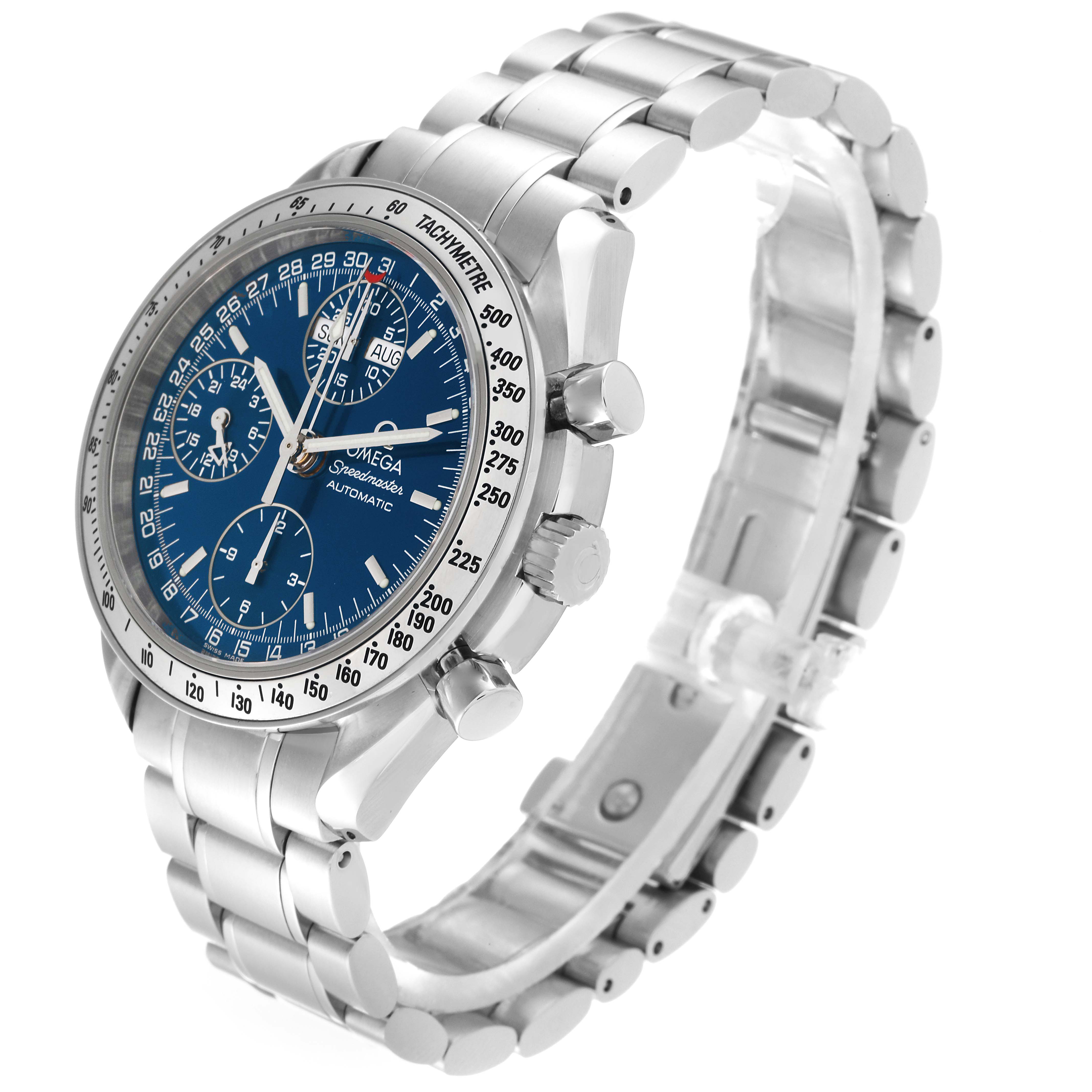 The image shows a side angle view of the Omega Speedmaster 3523.80.00 Men
s Stainless Steel Blue Dial 3523.80.00 Men
s Stainless Steel Blue Dial watch, highlighting its blue dial, tachymeter bezel, and stainless steel bracelet.