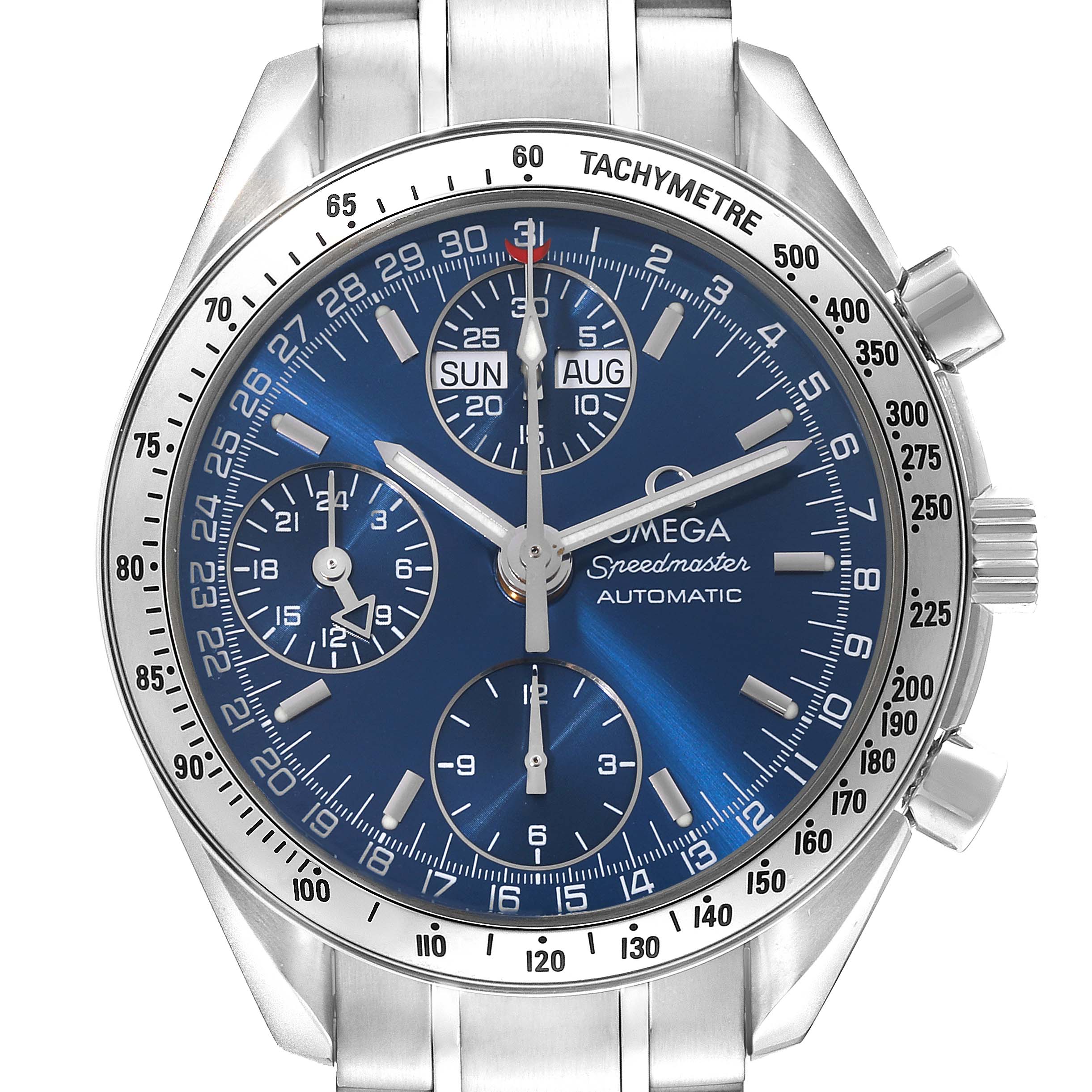 The image shows a front view of an Omega Speedmaster 3523.80.00 Men
s Stainless Steel Blue Dial 3523.80.00 Men
s Stainless Steel Blue Dial watch, highlighting its blue dial, chronograph features, and tachymeter bezel.