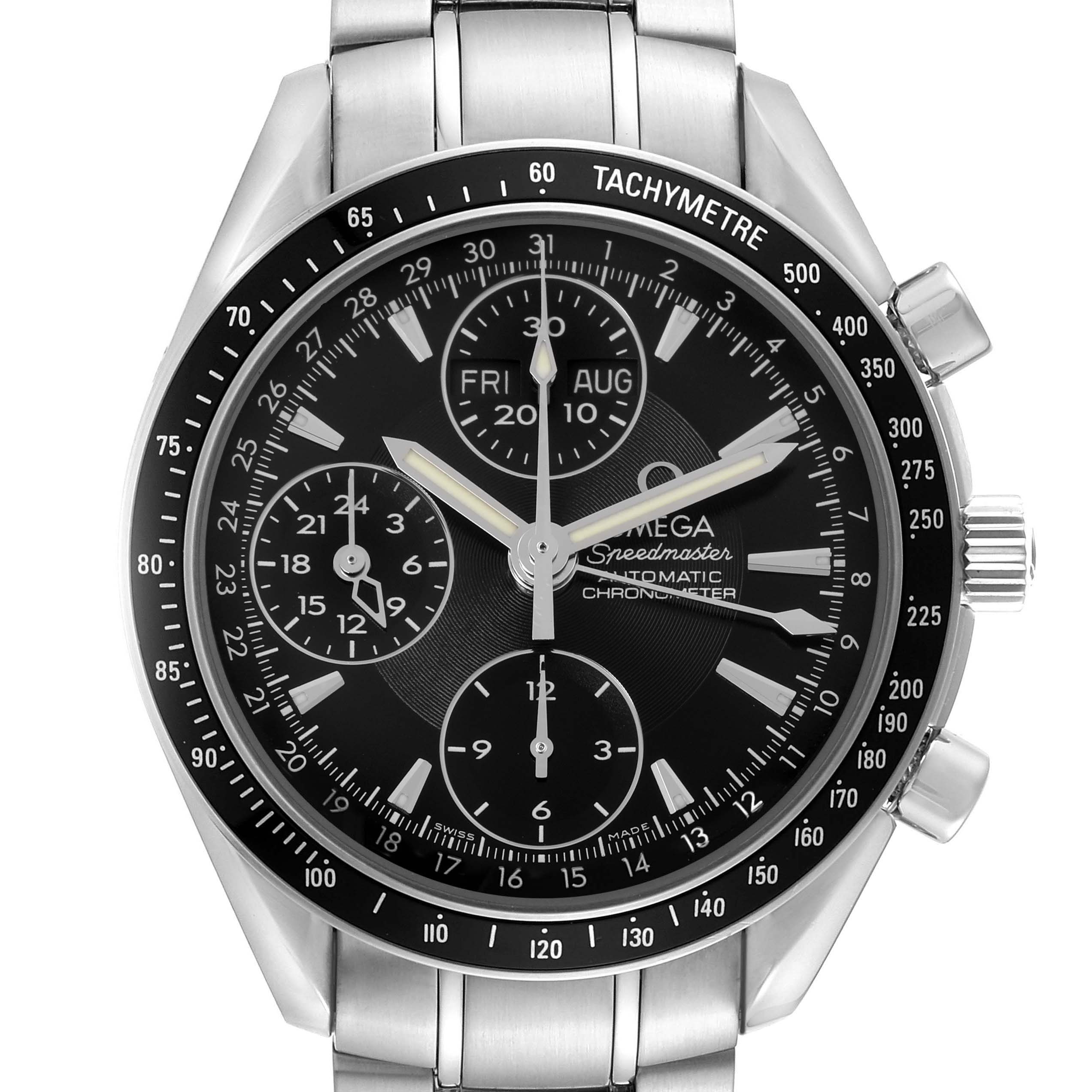 The Omega Speedmaster 3220.50.00 Men
s Stainless Steel Black Dial 3220.50.00 Men
s Stainless Steel Black Dial watch is shown from the front, displaying its face, bezel, subdials, and part of the bracelet.