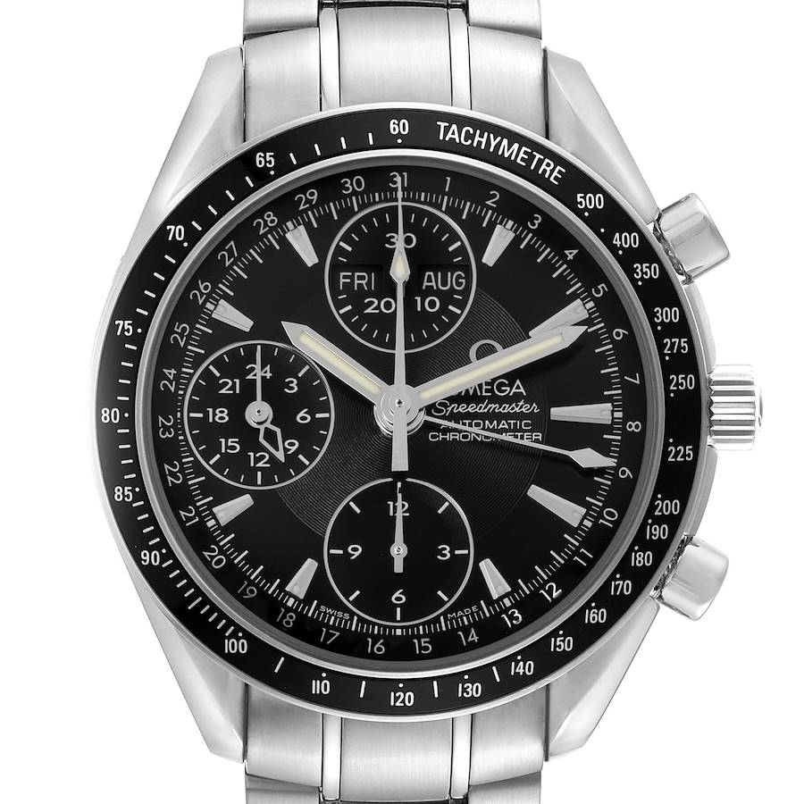 The Omega Speedmaster watch is shown from the front, displaying its face, bezel, subdials, and part of the bracelet.