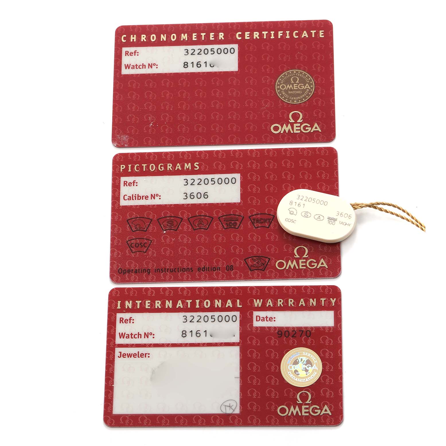 The image shows Omega Speedmaster 3220.50.00 Men
s Stainless Steel Black Dial 3220.50.00 Men
s Stainless Steel Black Dial cards: Chronometer Certificate, Pictograms, International Warranty, and a small tag.