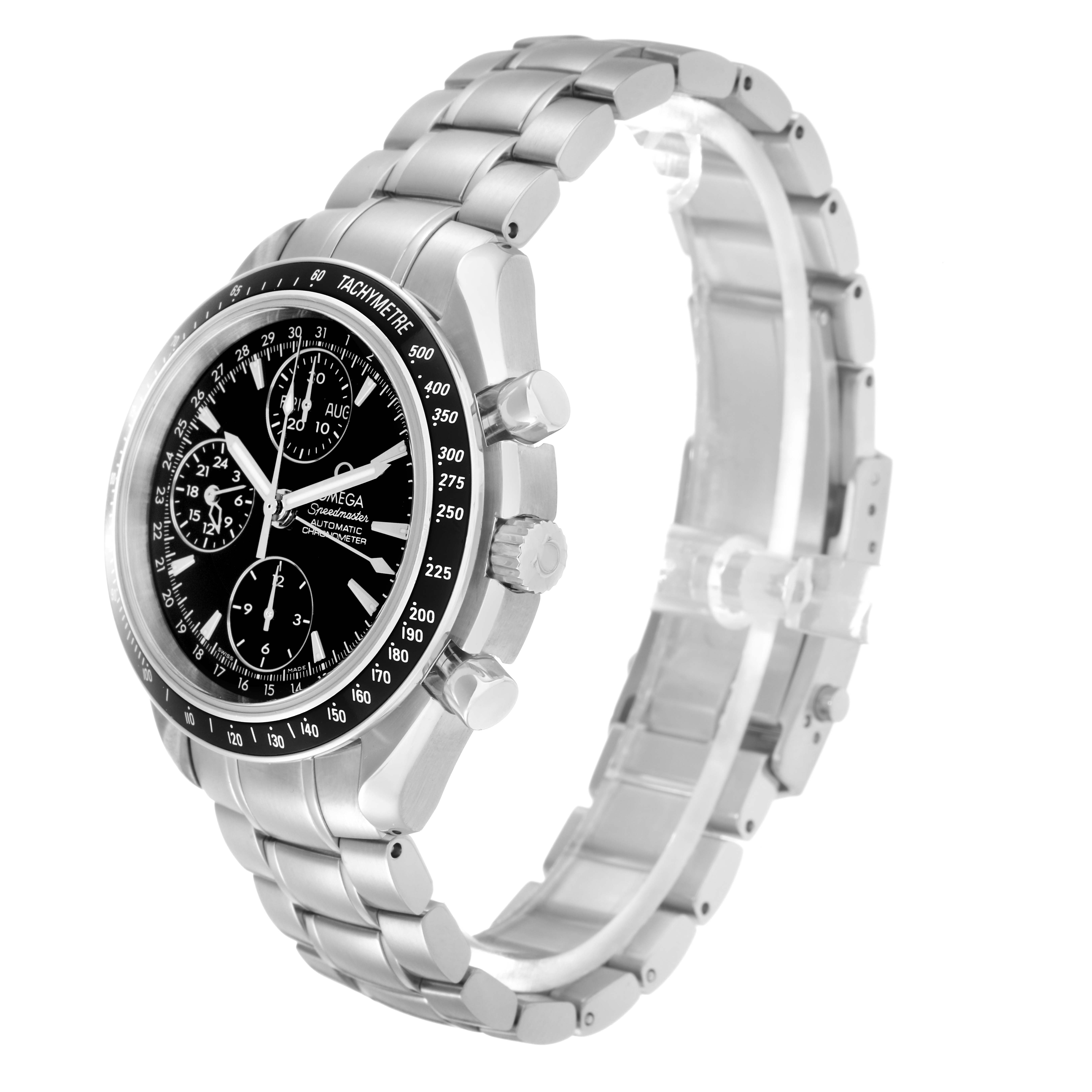 The Omega Speedmaster 3220.50.00 Men
s Stainless Steel Black Dial 3220.50.00 Men
s Stainless Steel Black Dial watch is shown at a slight angle, displaying the face, tachymeter bezel, and a portion of the metal bracelet.