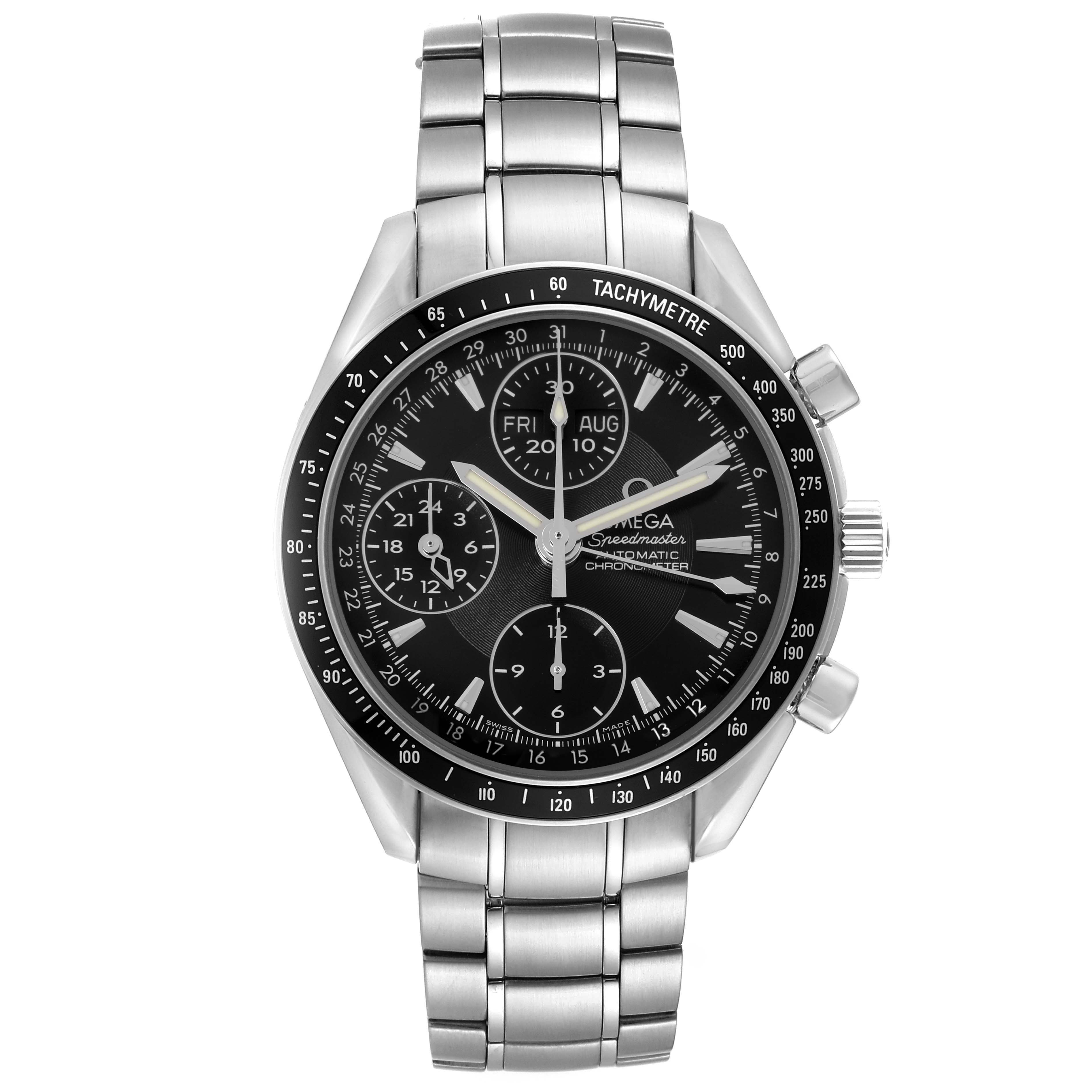 The image shows a front view of the Omega Speedmaster 3220.50.00 Men
s Stainless Steel Black Dial 3220.50.00 Men
s Stainless Steel Black Dial, highlighting the black dial, chronograph subdials, and stainless steel bracelet.