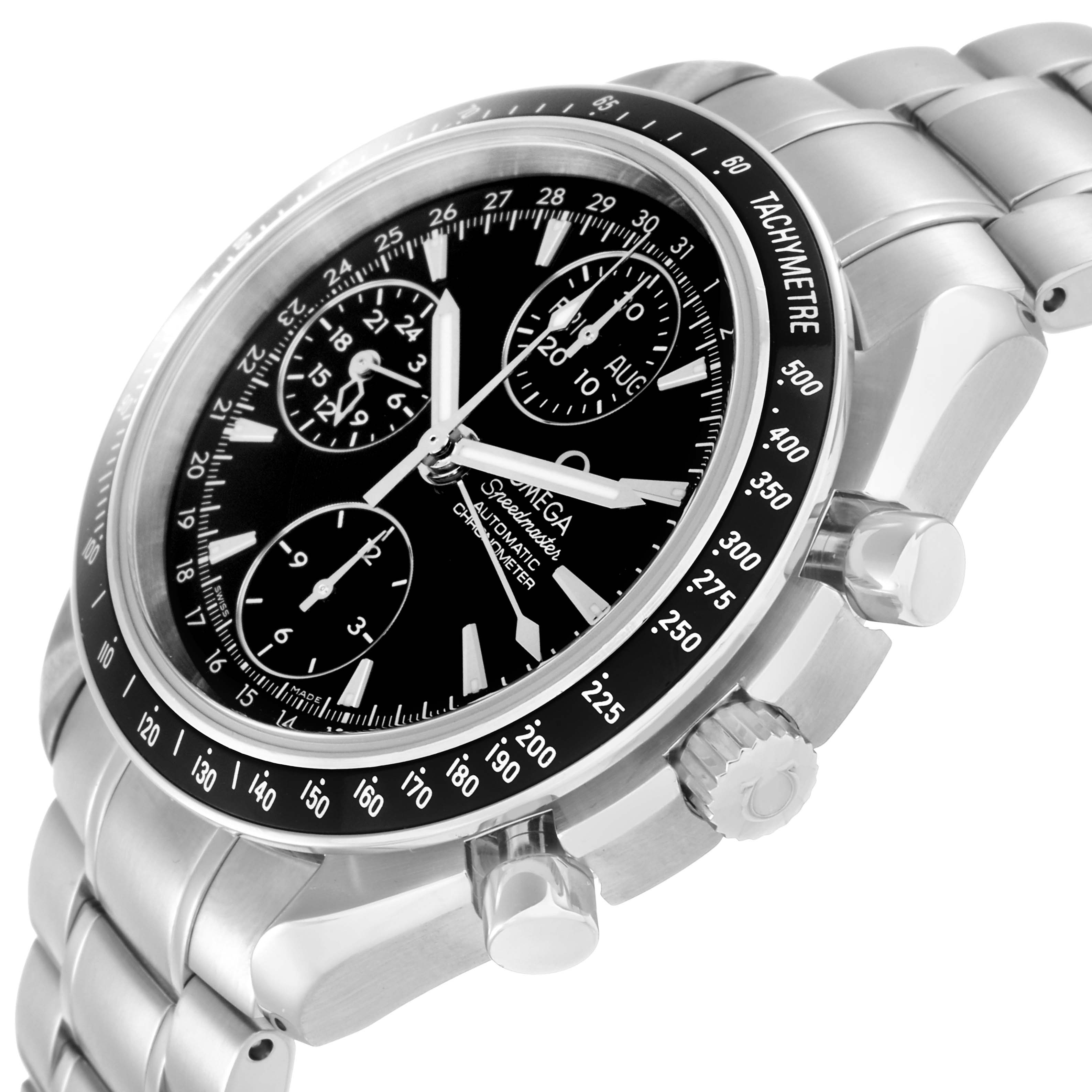The Omega Speedmaster 3220.50.00 Men
s Stainless Steel Black Dial 3220.50.00 Men
s Stainless Steel Black Dial watch is shown at a tilted side angle, displaying the face, bezel, crown, pushers, and bracelet.