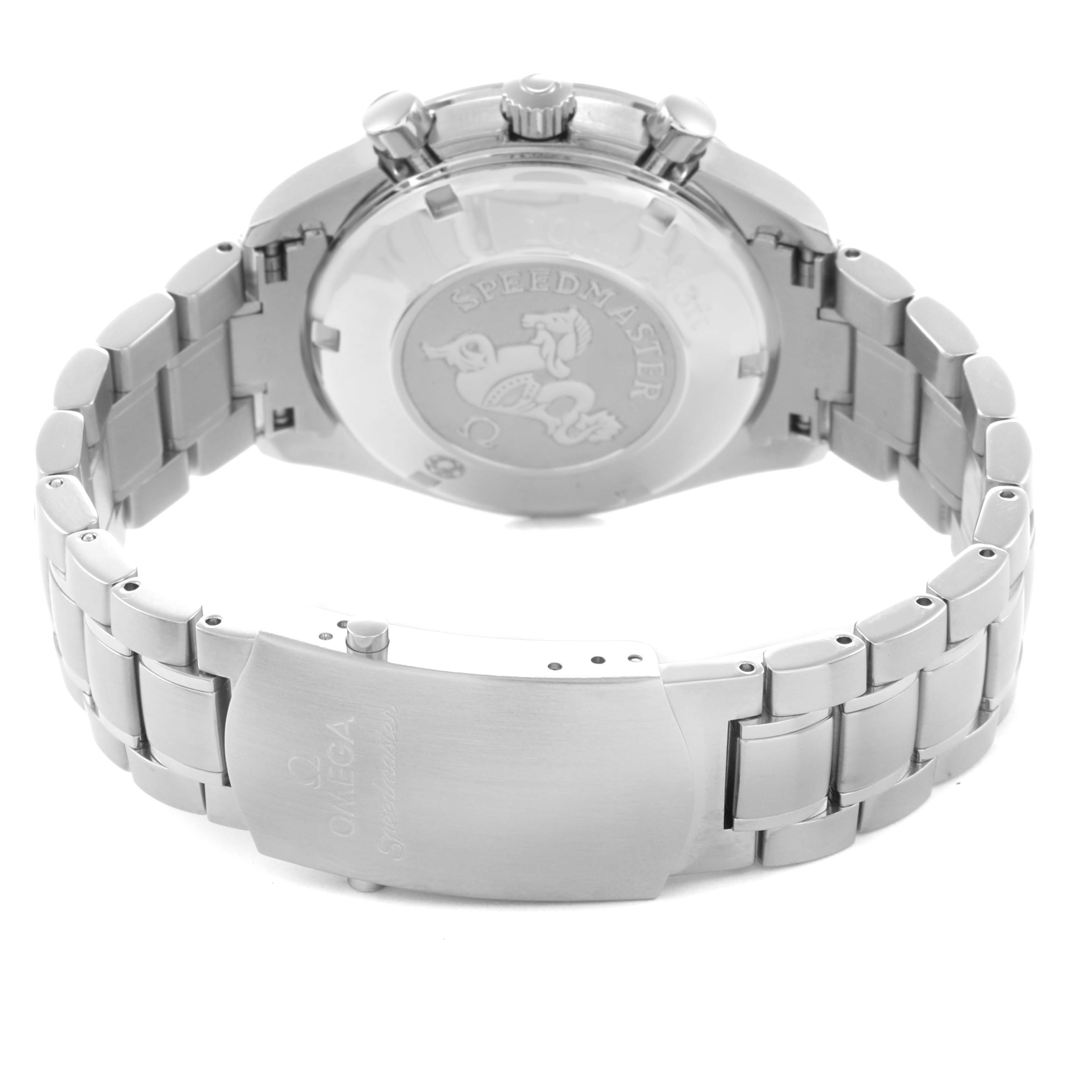 The Omega Speedmaster 3220.50.00 Men
s Stainless Steel Black Dial 3220.50.00 Men
s Stainless Steel Black Dial watch is shown from the back, highlighting the case back, bracelet, and clasp.