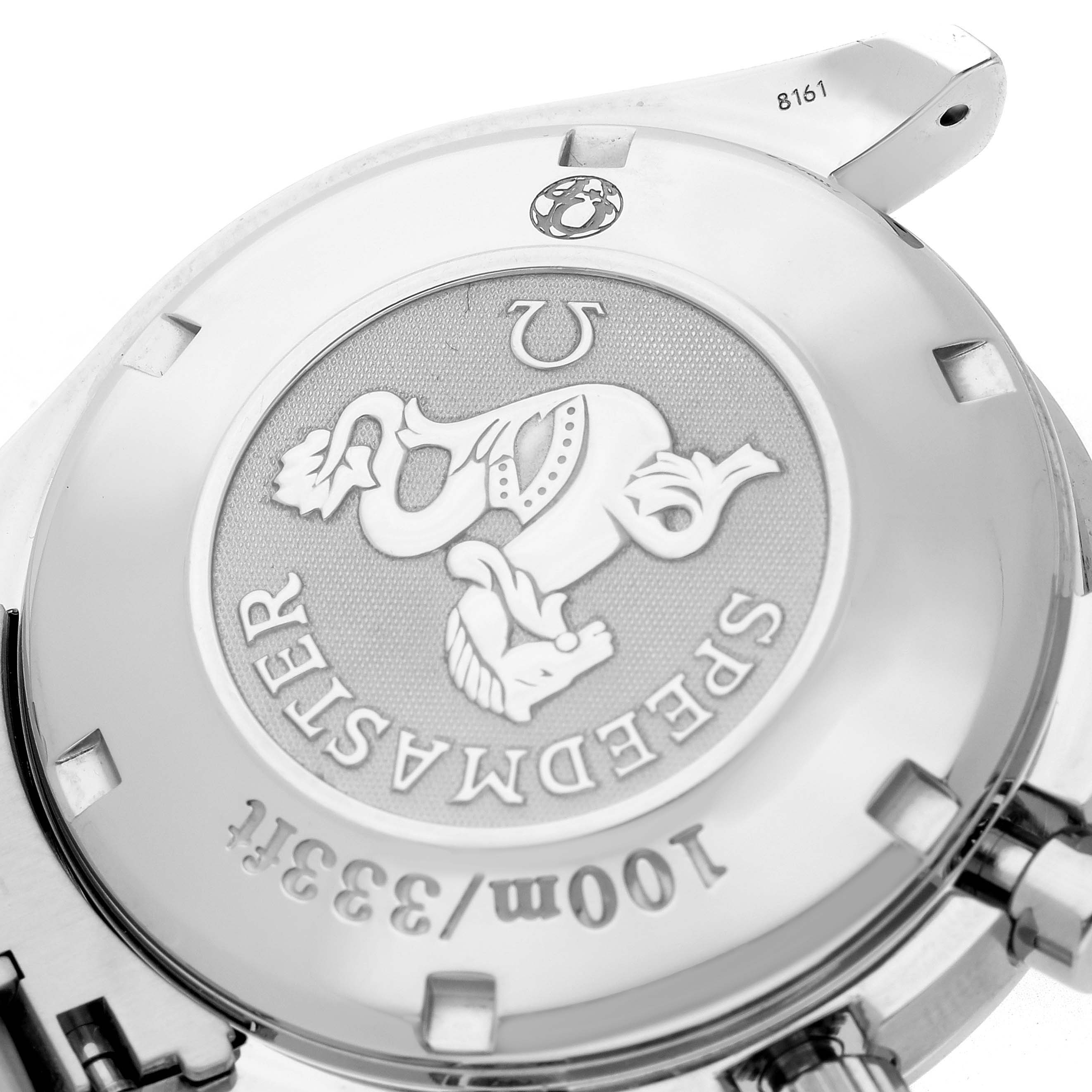 The image shows the back case of an Omega Speedmaster 3220.50.00 Men
s Stainless Steel Black Dial 3220.50.00 Men
s Stainless Steel Black Dial, highlighting the engraved logo and model information.