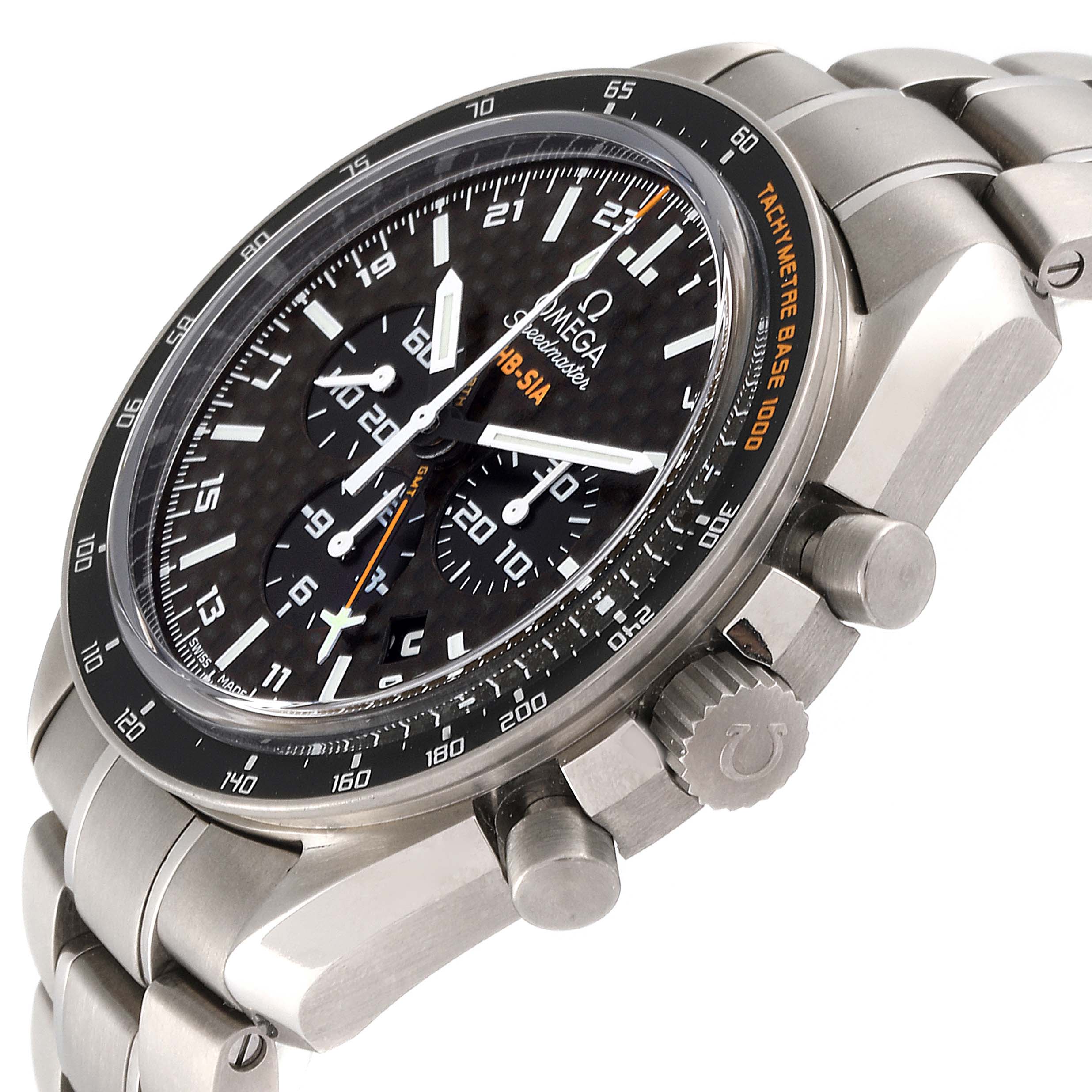 The image shows an Omega Speedmaster 321.90.44.52.01.001 Men's Titanium Black Dial 321.90.44.52.01.001 Men's Titanium Black Dial watch at a slight angle, highlighting the bezel, crown, pushers, and stainless steel bracelet.