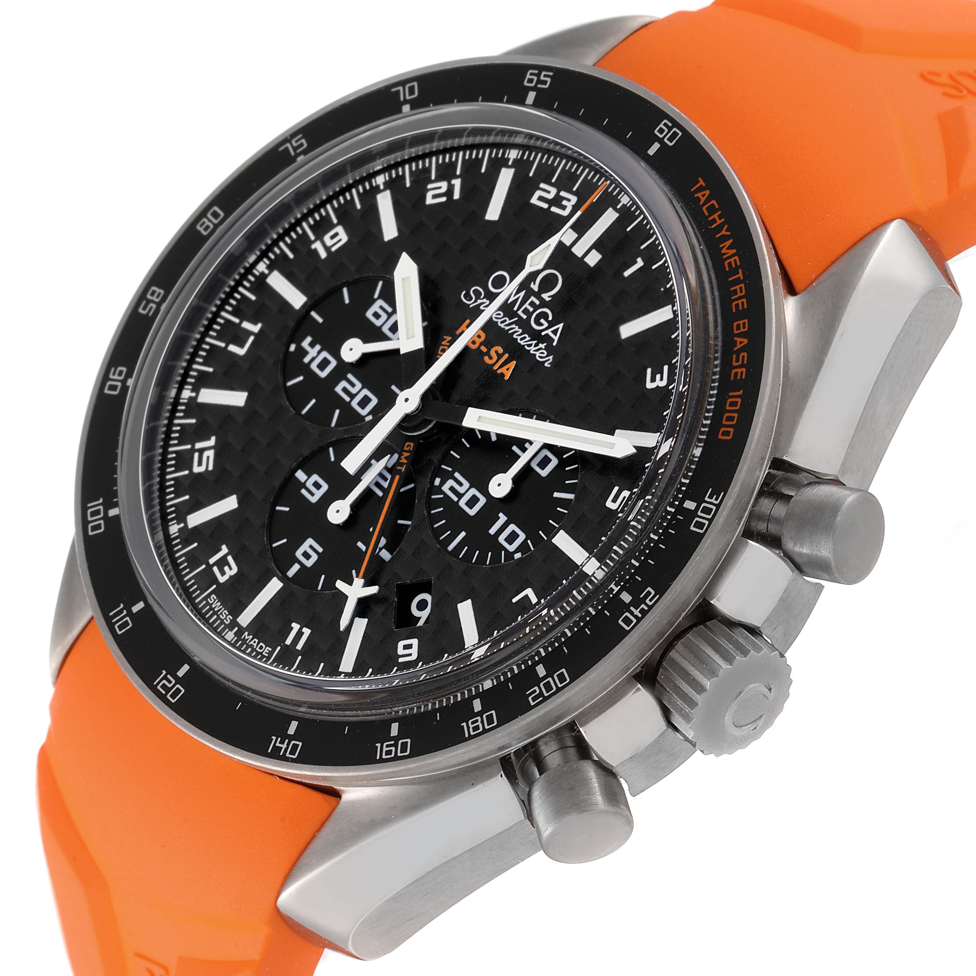 The Omega Speedmaster 321.92.44.52.01.003 Men
s Titanium Black Dial 321.92.44.52.01.003 Men
s Titanium Black Dial watch is shown at a tilted angle, highlighting the bezel, chronograph dials, crown, and orange strap.
