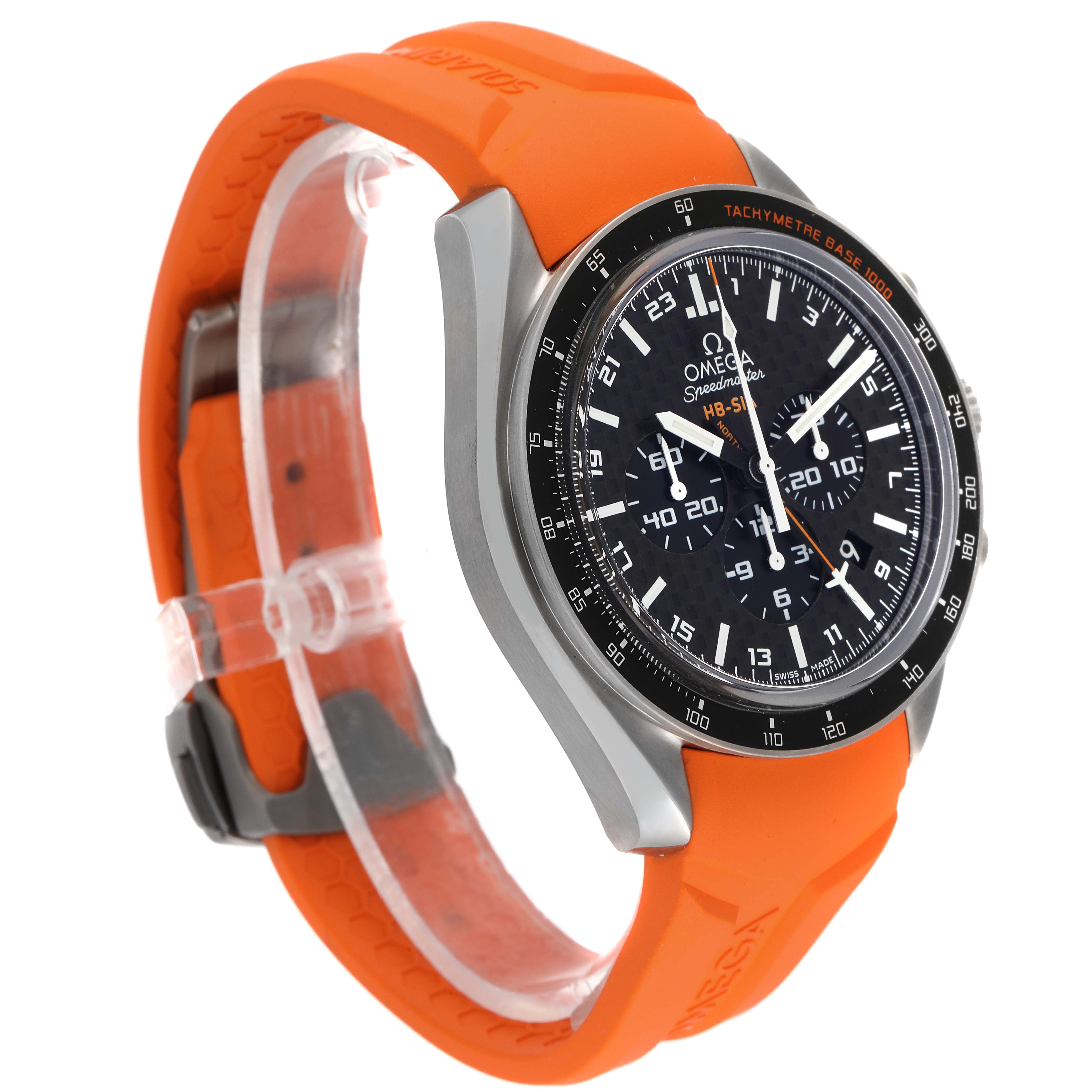 The Omega Speedmaster 321.92.44.52.01.003 Men
s Titanium Black Dial 321.92.44.52.01.003 Men
s Titanium Black Dial watch is shown at a 3/4 angle, highlighting the dial, bezel, and orange rubber strap.