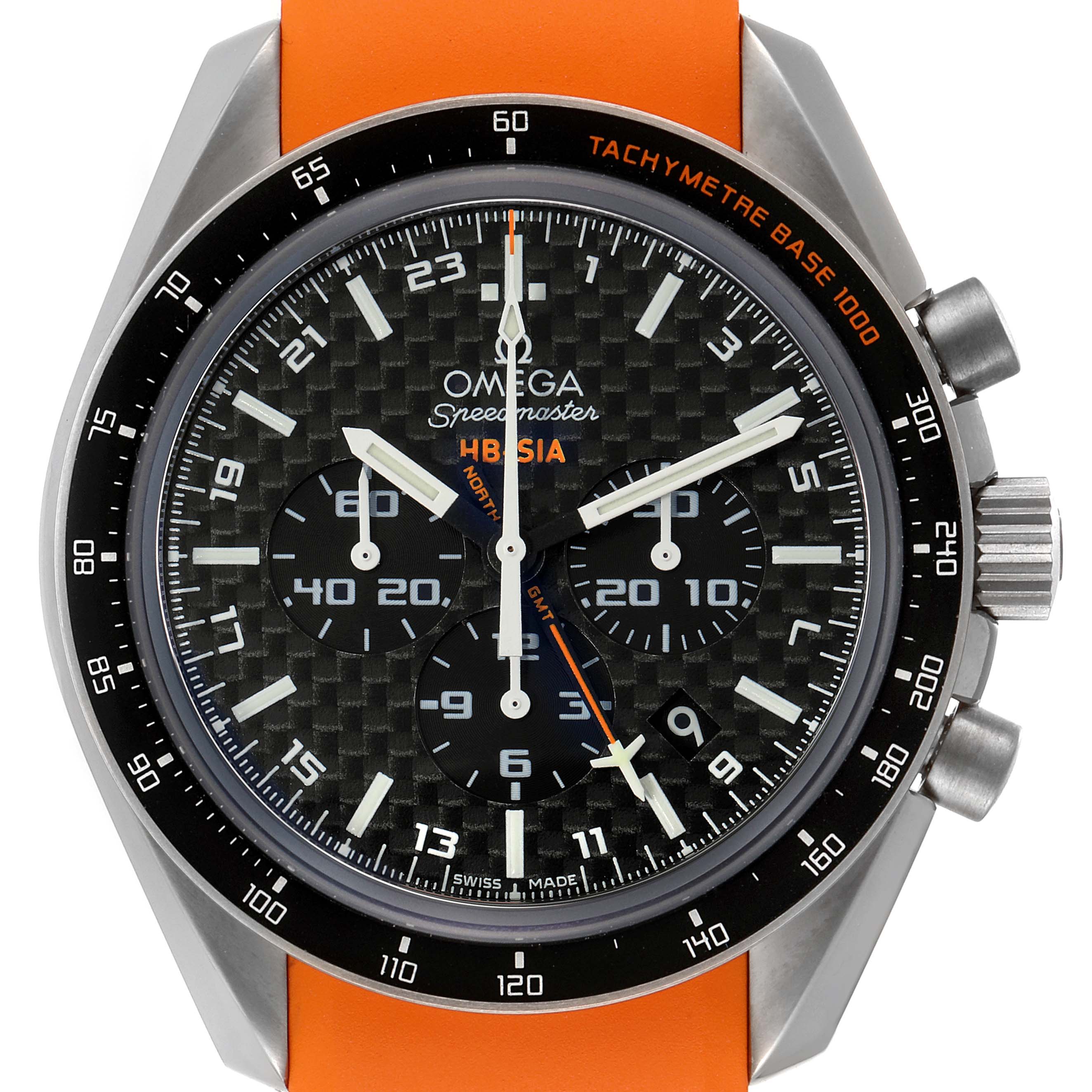 The image shows a frontal view of the dial and bezel of an Omega Speedmaster 321.92.44.52.01.003 Men
s Titanium Black Dial 321.92.44.52.01.003 Men
s Titanium Black Dial watch with an orange strap.