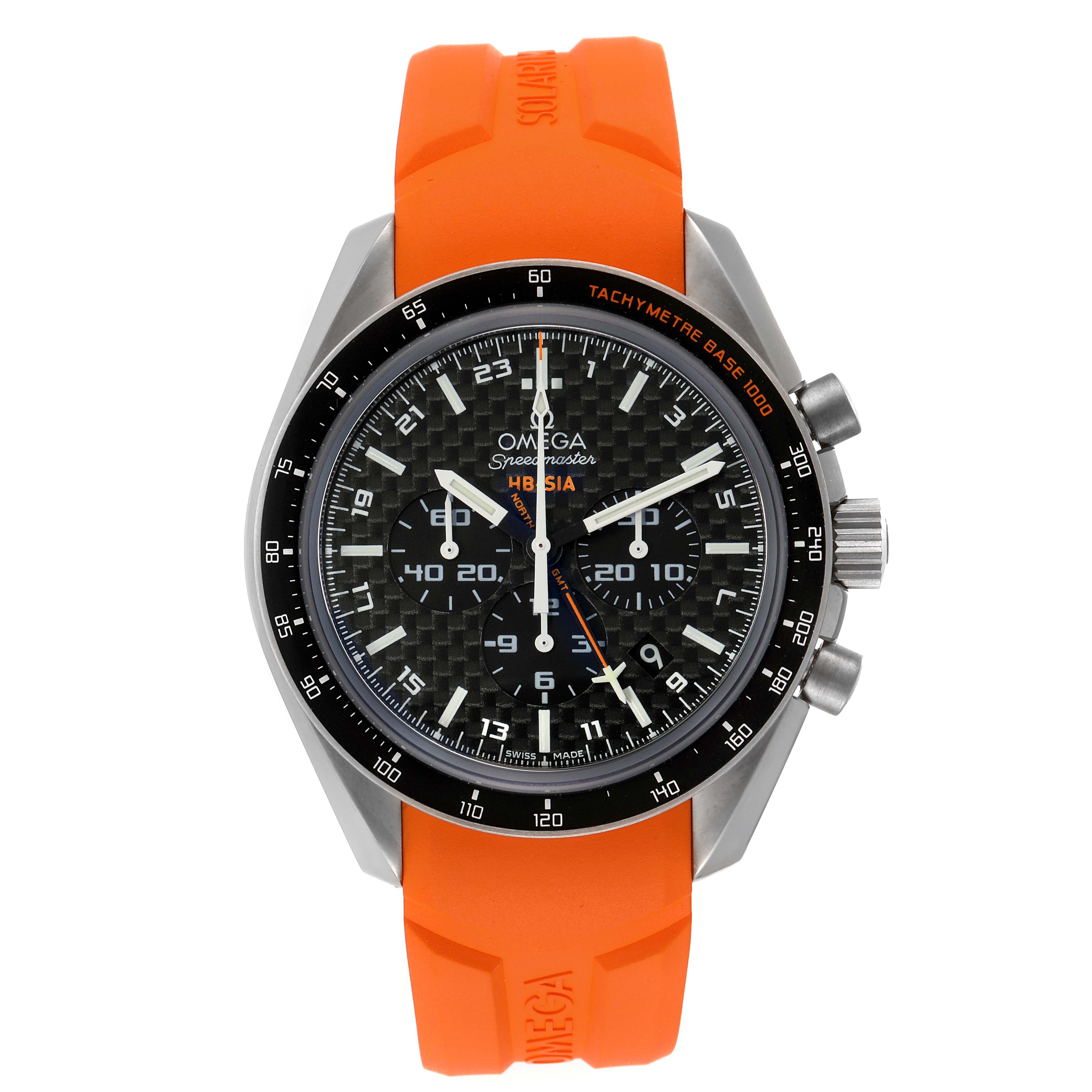 The image shows an Omega Speedmaster 321.92.44.52.01.003 Men
s Titanium Black Dial 321.92.44.52.01.003 Men
s Titanium Black Dial watch with an orange strap, black dial, and tachymeter bezel, viewed from the front.