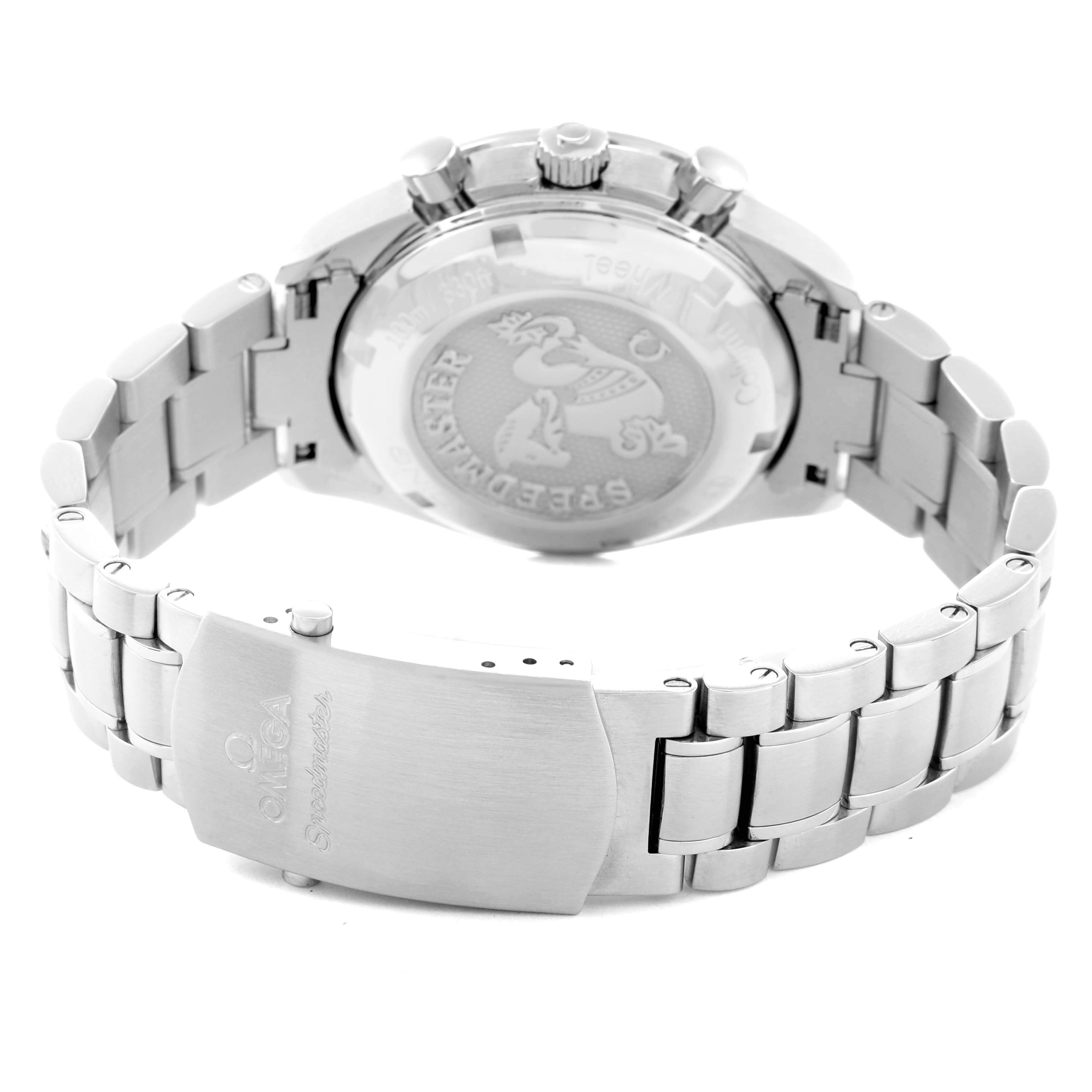 The image shows the back and bracelet of an Omega Speedmaster 326.30.40.50.01.001 Men
s Stainless Steel Black Dial 326.30.40.50.01.001 Men
s Stainless Steel Black Dial, including the clasp and engraved case back design.