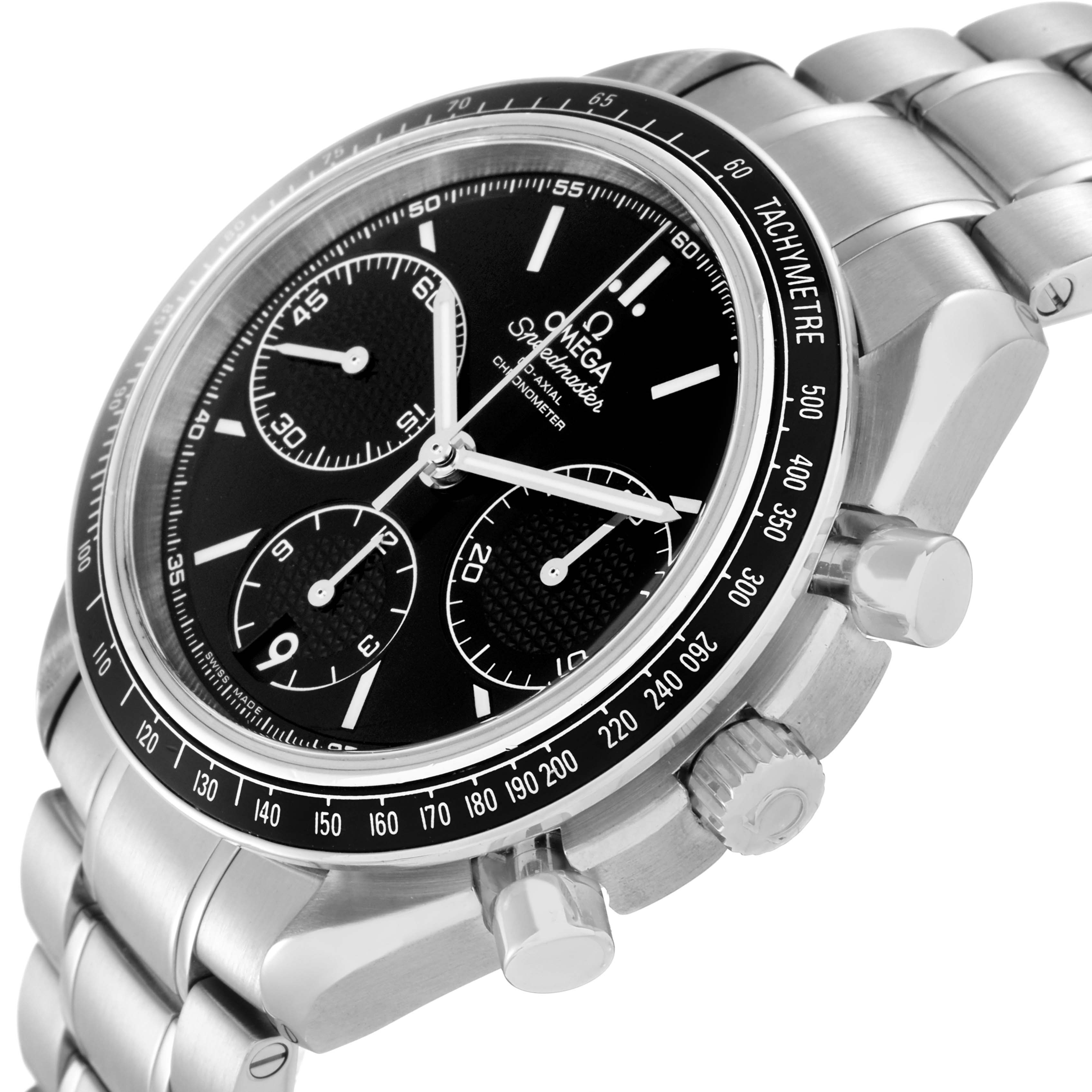The Omega Speedmaster 326.30.40.50.01.001 Men
s Stainless Steel Black Dial 326.30.40.50.01.001 Men
s Stainless Steel Black Dial is shown at a three-quarter angle, highlighting the dial, tachymeter bezel, crown, pushers, and bracelet.
