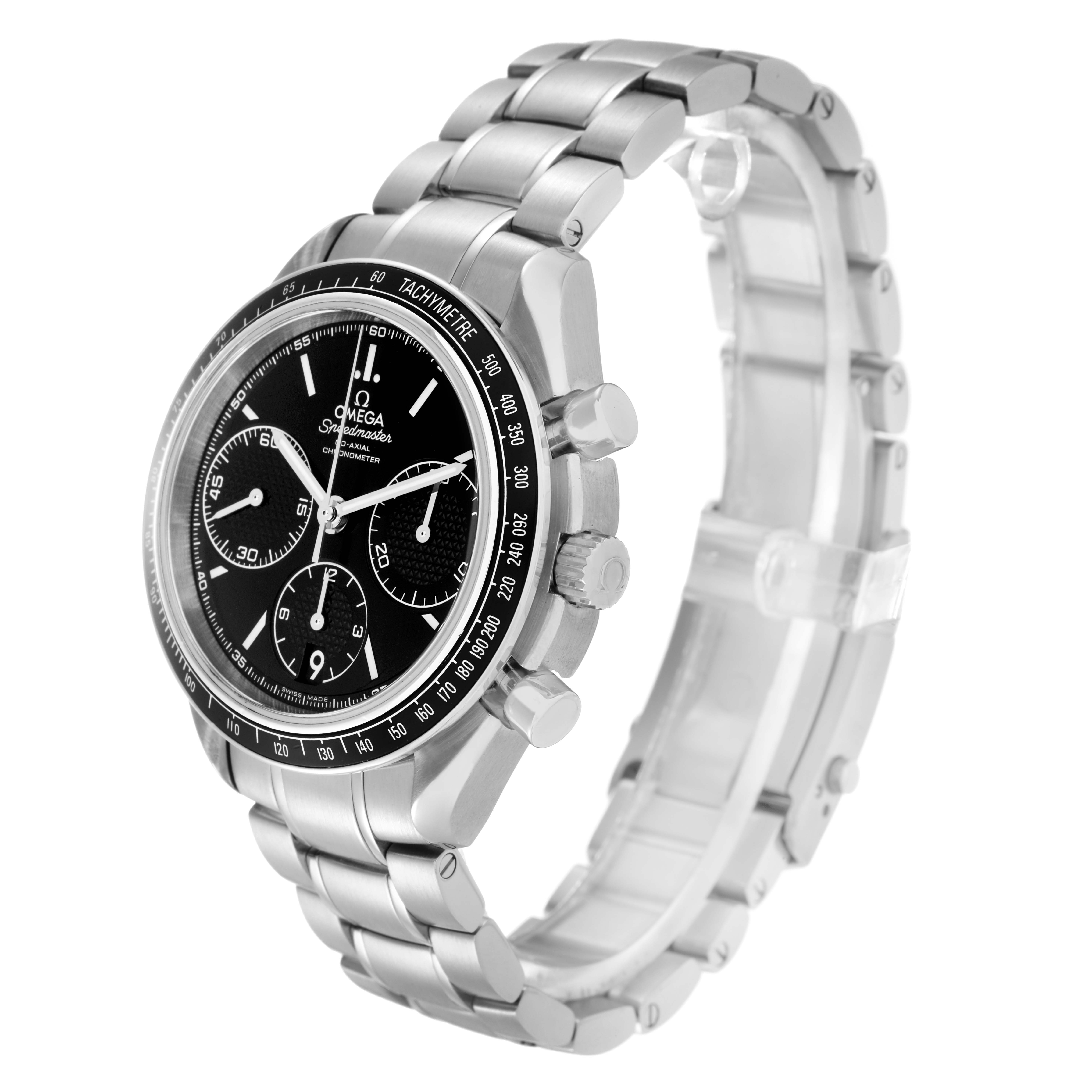 The Omega Speedmaster 326.30.40.50.01.001 Men
s Stainless Steel Black Dial 326.30.40.50.01.001 Men
s Stainless Steel Black Dial watch is shown at a three-quarter angle, displaying the face, bezel, crown, pushers, and bracelet.