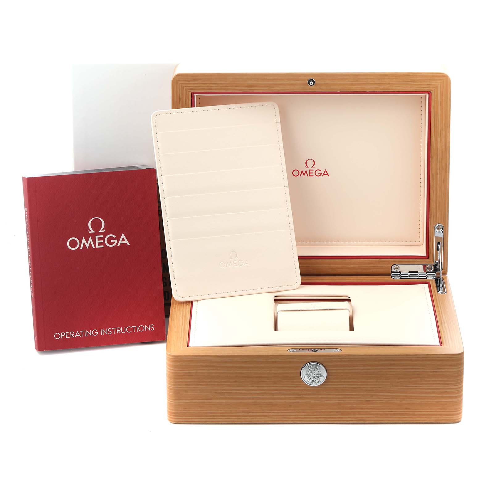 The image shows a wooden Omega Speedmaster 326.30.40.50.01.001 Men
s Stainless Steel Black Dial 326.30.40.50.01.001 Men
s Stainless Steel Black Dial watch box with an open lid, a red instruction manual, and a cardholder.