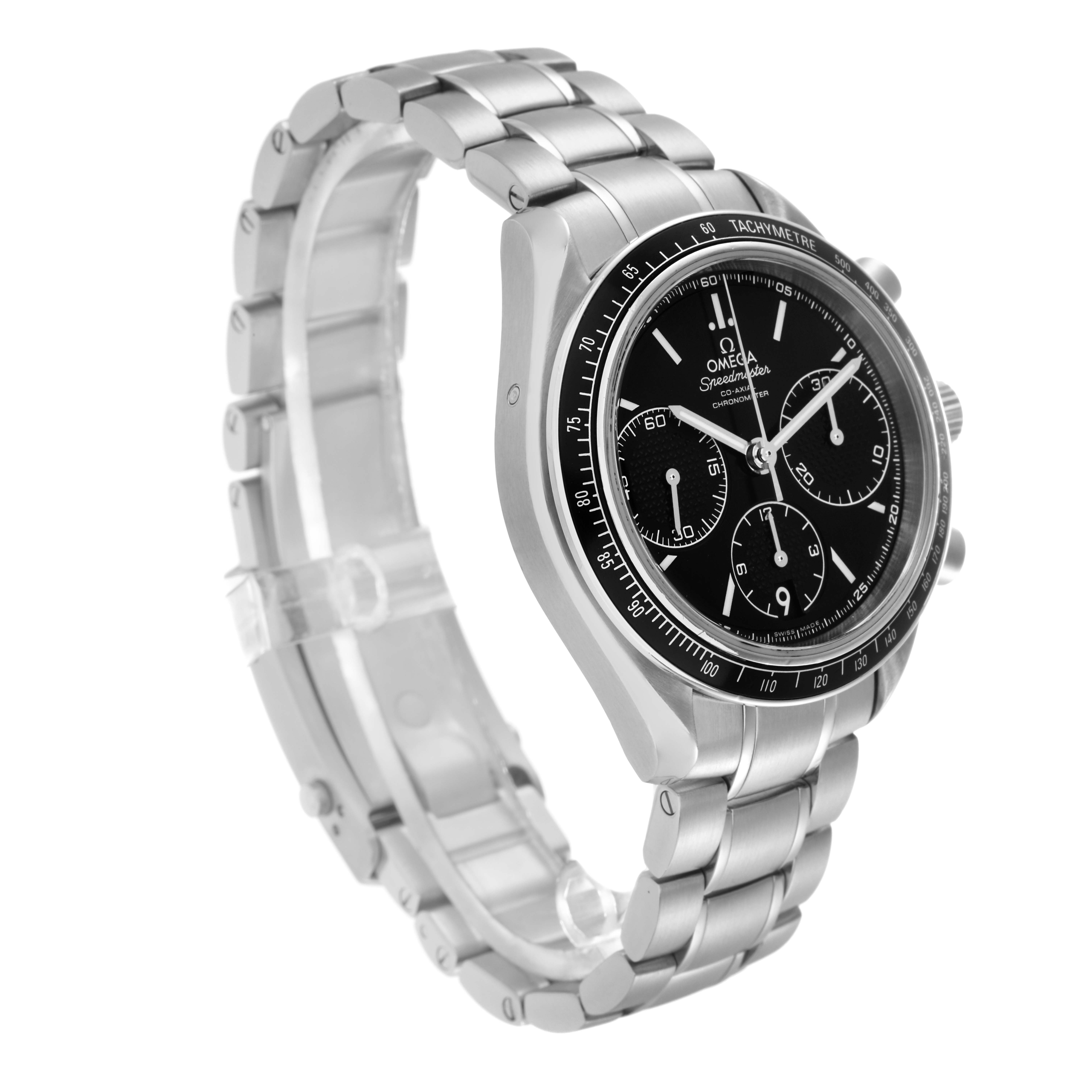 The Omega Speedmaster 326.30.40.50.01.001 Men
s Stainless Steel Black Dial 326.30.40.50.01.001 Men
s Stainless Steel Black Dial watch is shown at a three-quarter angle, displaying the face, bezel, case, and bracelet.