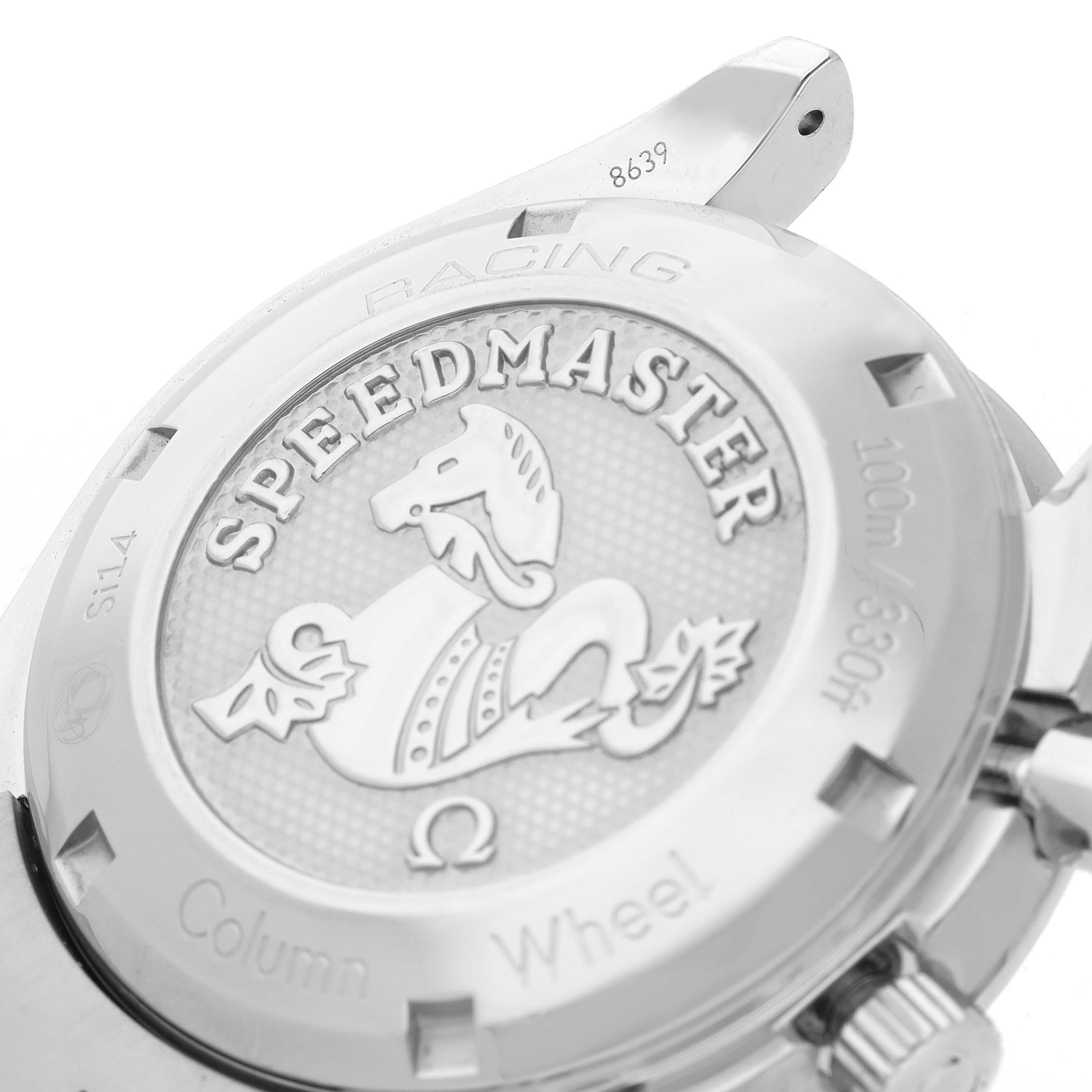 The image shows the case back of an Omega Speedmaster 326.30.40.50.01.001 Men
s Stainless Steel Black Dial 326.30.40.50.01.001 Men
s Stainless Steel Black Dial, highlighting engravings and design details with a partial view of the crown.