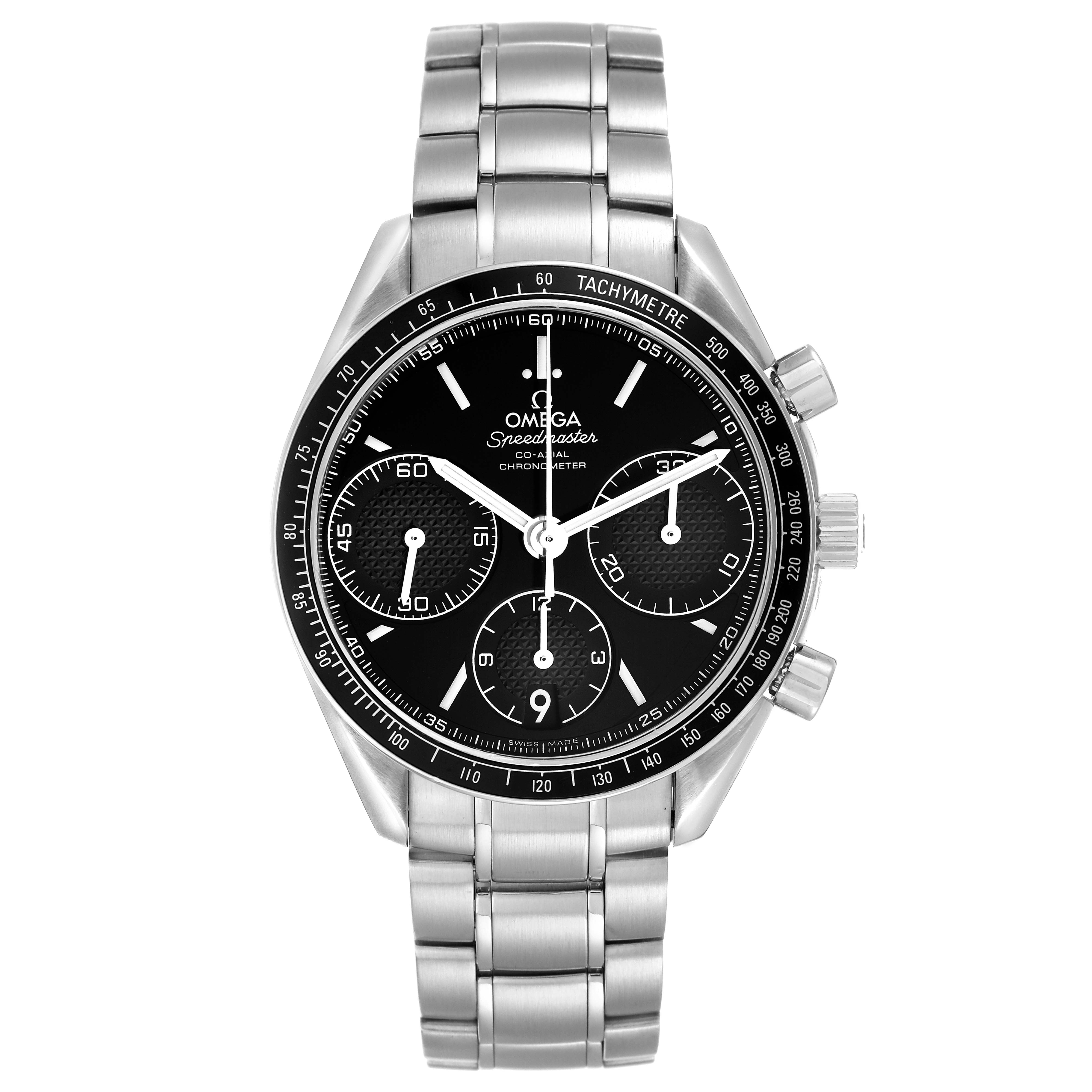 The Omega Speedmaster 326.30.40.50.01.001 Men
s Stainless Steel Black Dial 326.30.40.50.01.001 Men
s Stainless Steel Black Dial watch is shown from a front angle, displaying the dial, tachymeter, pushers, and metal bracelet.