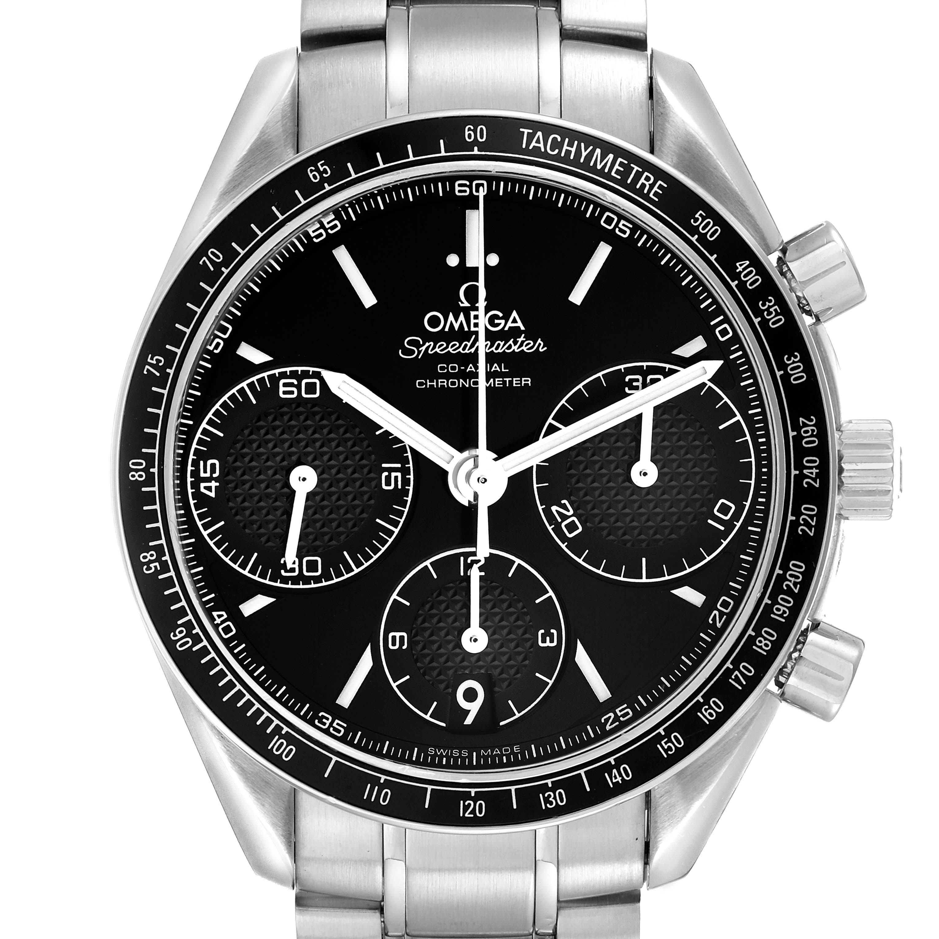 The Omega Speedmaster 326.30.40.50.01.001 Men
s Stainless Steel Black Dial 326.30.40.50.01.001 Men
s Stainless Steel Black Dial watch is shown from the front with its bezel, dial, subdials, and pushers visible.